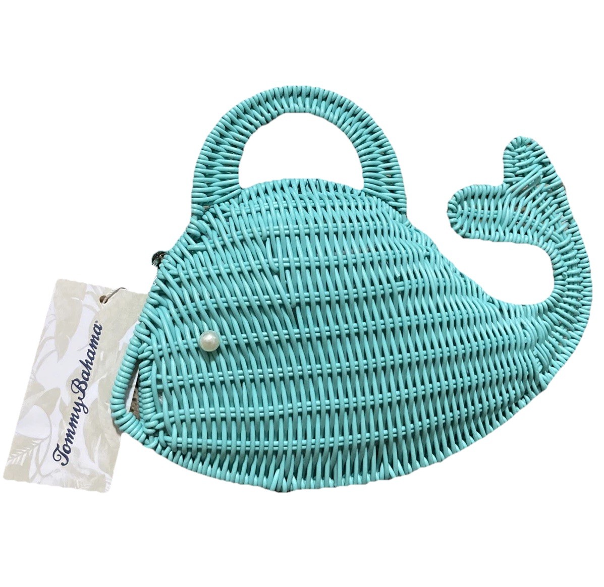 Coastal Preppy Nautical Wicker Woven Aqua Whale Purse Clutch w/ Silver Strap NWT