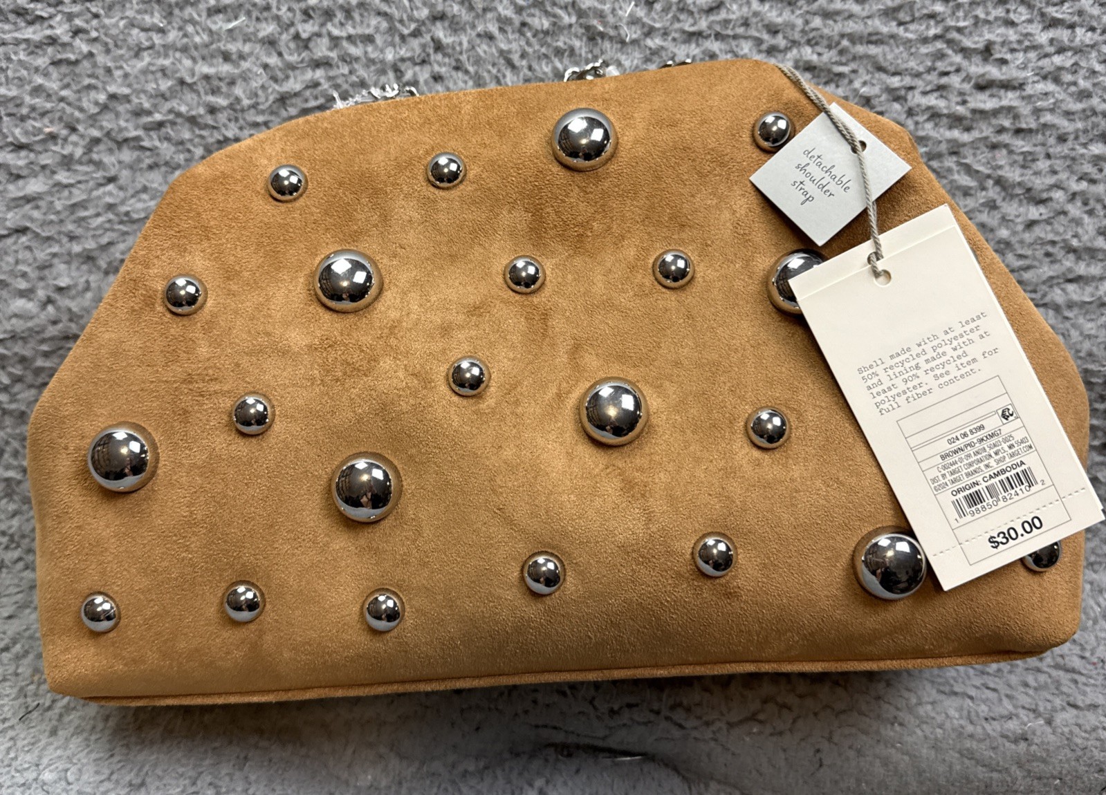 A New Day Womens Medium Brown Studded Faux Suede Oversized Clutch Shoulder Strap