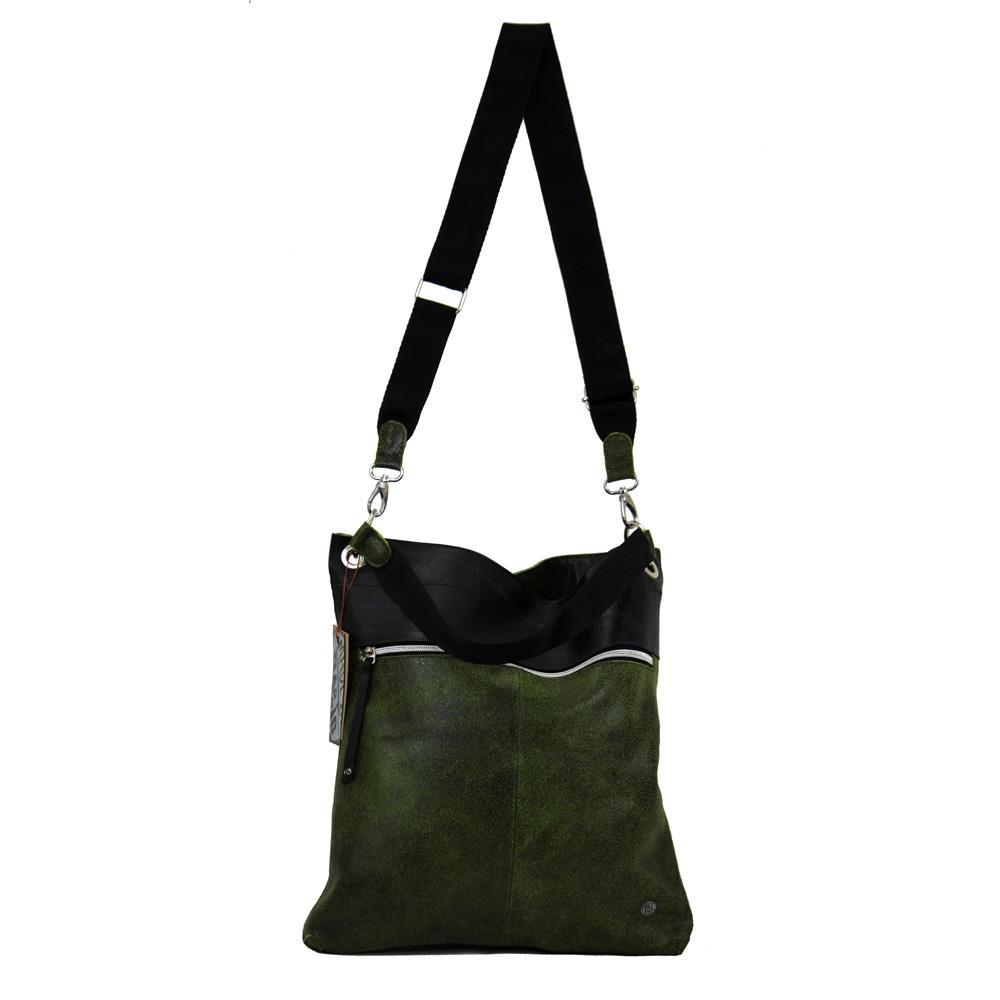 Aria Handmade Urban Square Purse Green Leather & Tiretube Crossbody Bag Satchel