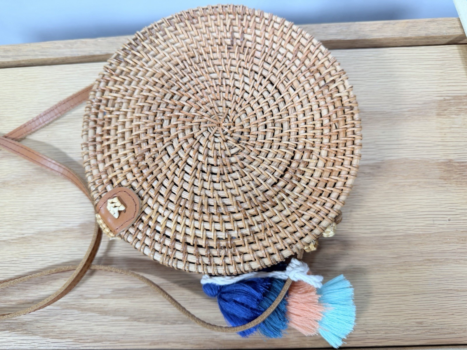 Round Woven Rattan Straw Crossbody Bag Small Beige Brown Strap Tassel Lined