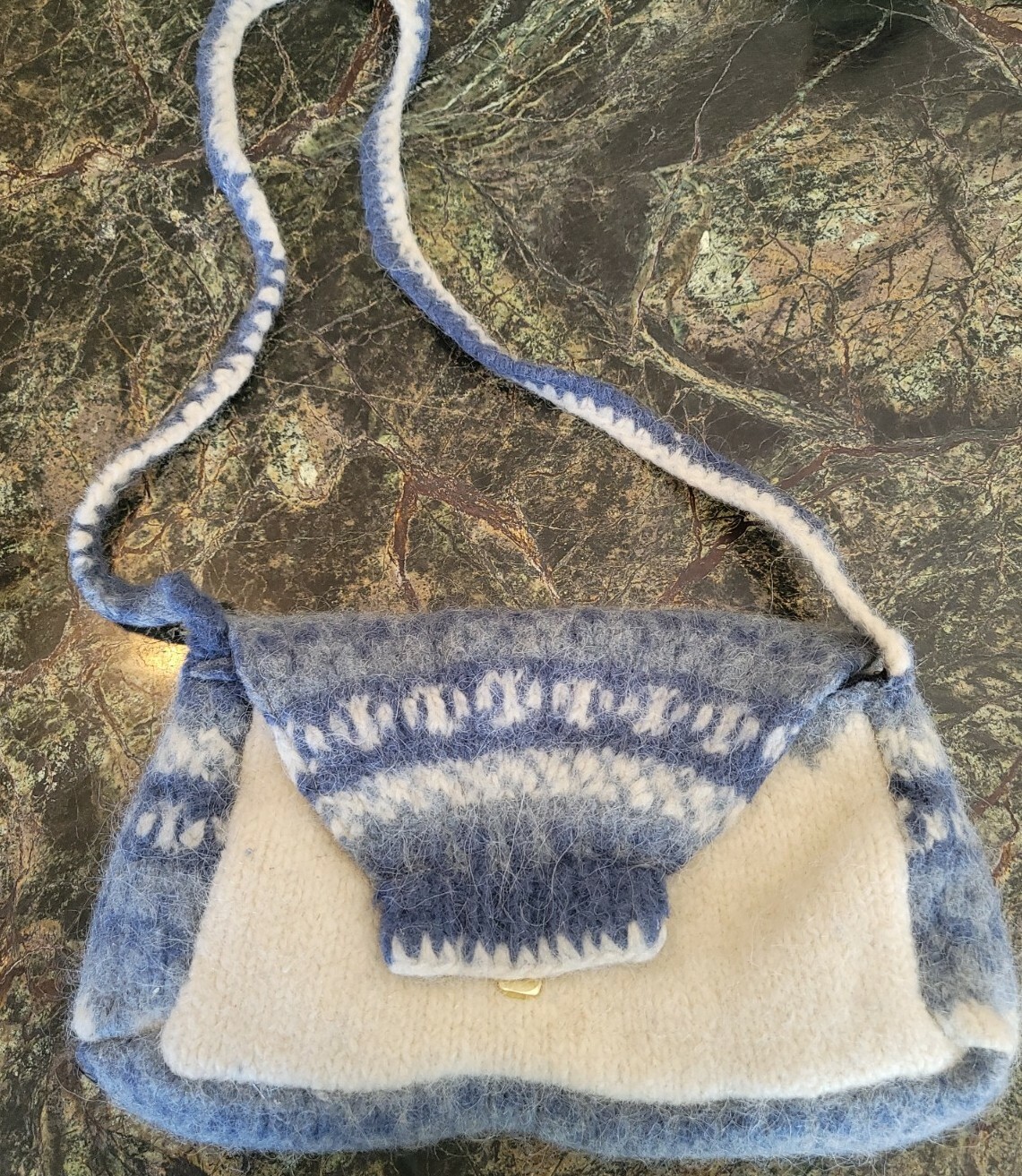Artisan Hand Knit Wool Handbag Blue/Cream Fairaisle Wool Nordic 14″x8″ Unique☆~