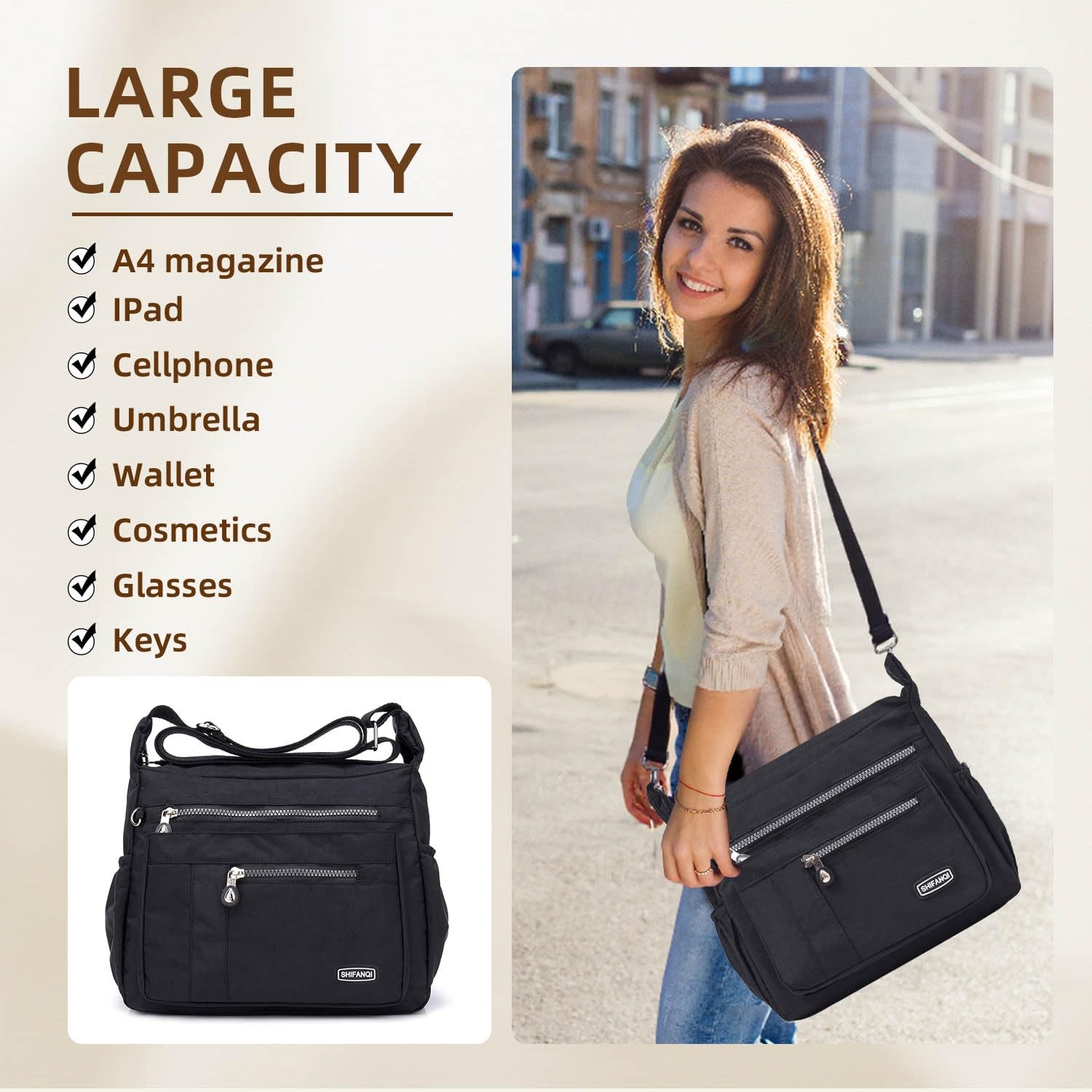 Crossbody Bag for Women, Multi Pockets Waterproof Nylon Shoulder Handbag, Fas…