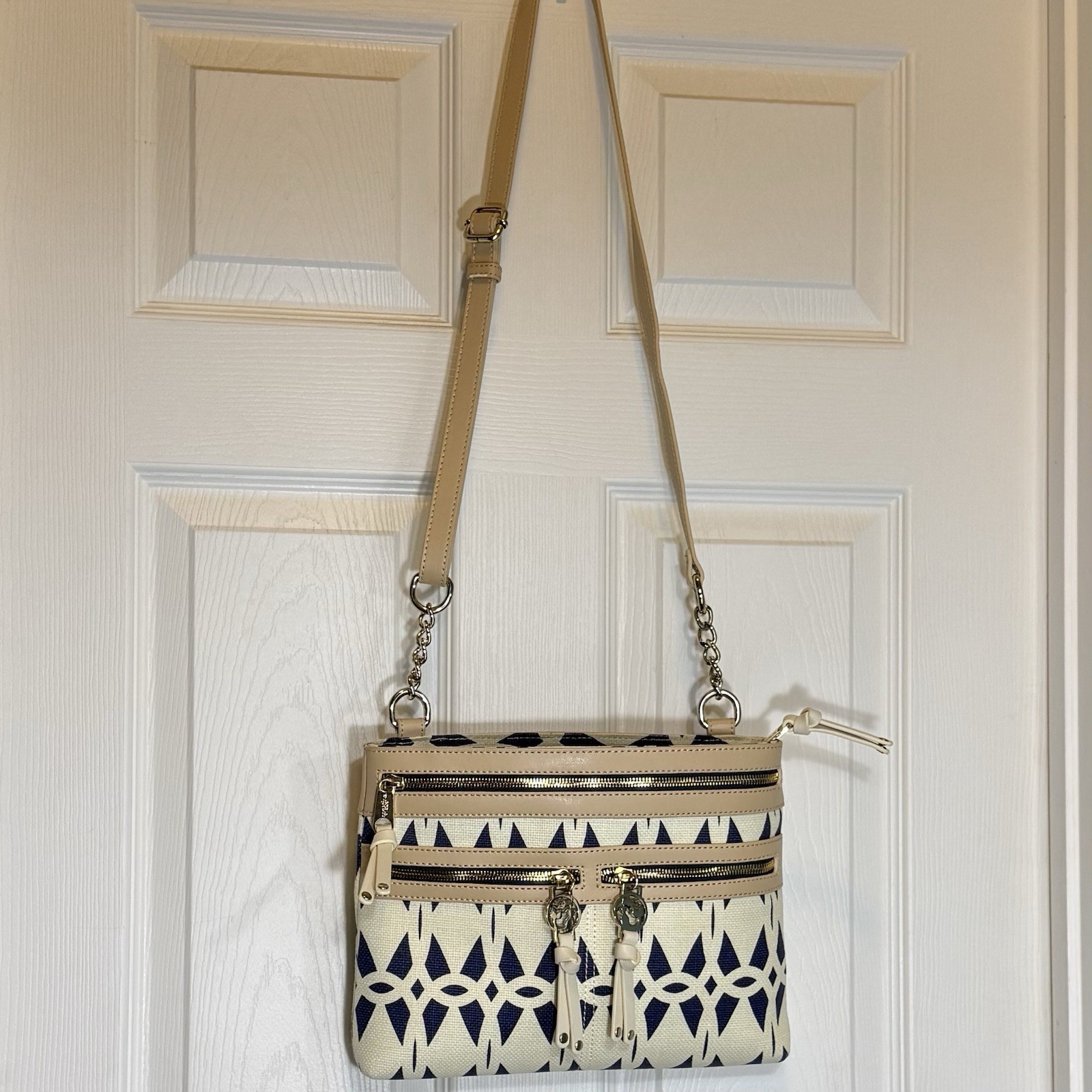 Spartina 449 Tybrisa Linen & Leather Cream Navy Crossbody Geometric Print Bag