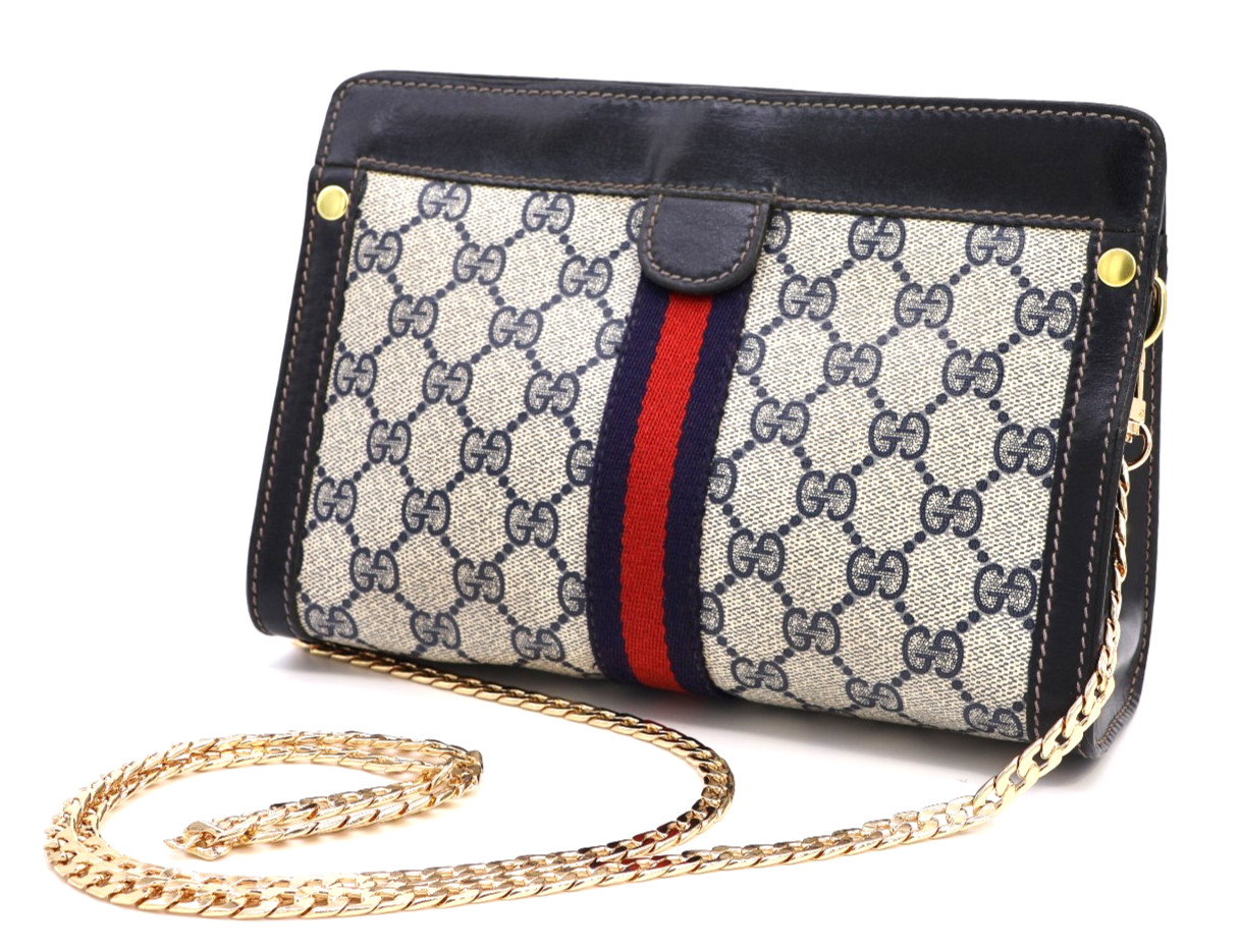 GUCCI VINTAGE GG Supreme Shoulder Bag Chain Strap Sherry Navy Classic Authentic