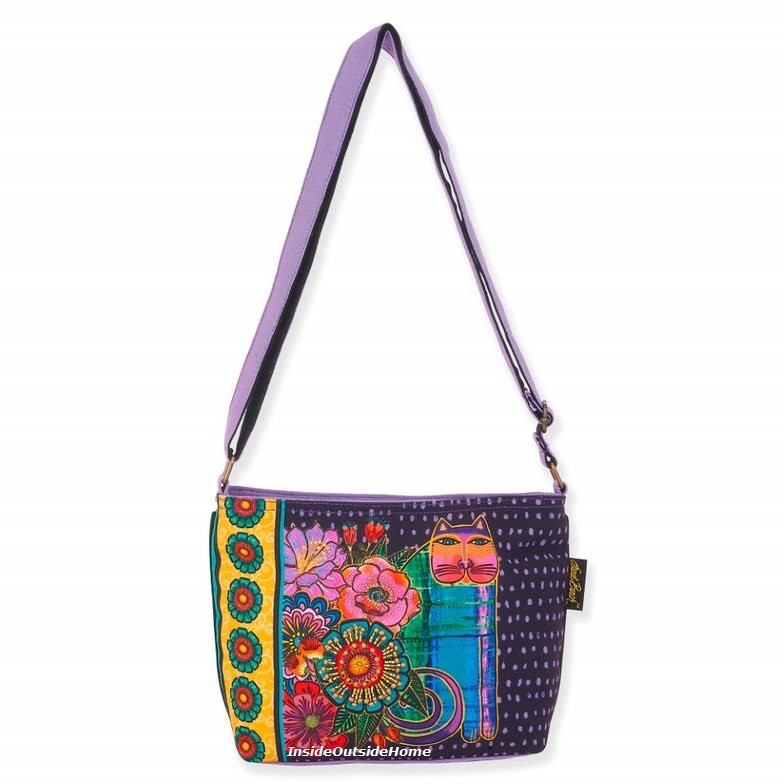 Laurel Burch Cat Acacia Flowers Crossbody Tote 11×2.5×8″ Outer Pocket on Back Nw