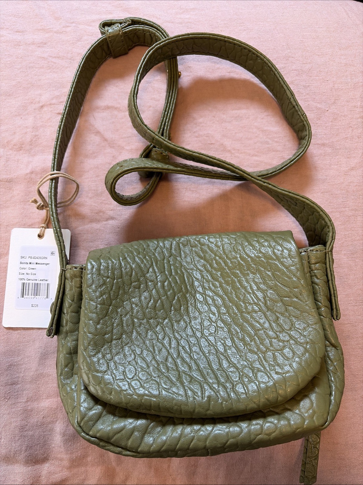 HOBO International Bonita Green Bubble Pebble Leather Messenger Crossbody Bag