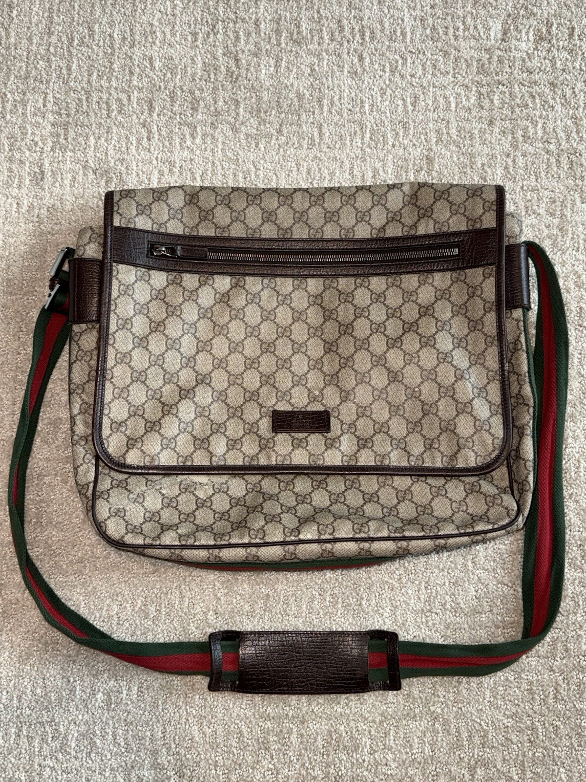 Vintage Gucci GG Plus Supreme Web Messenger Flap Bag Crossbody Large Brown