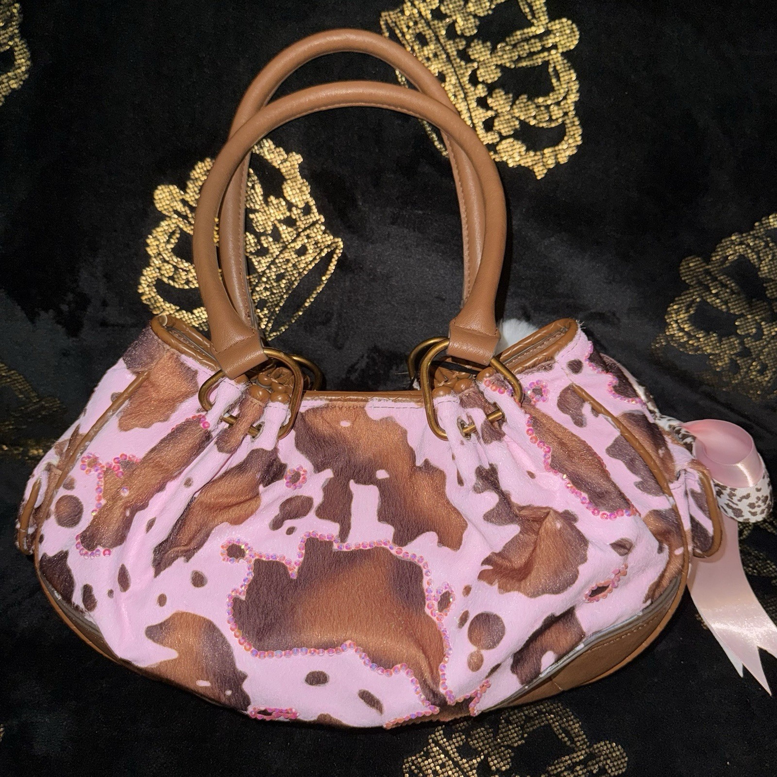 NWT Custom Juicy Couture Pink Tan Drip Juicy Romance Cow Satchel Shoulder Bag