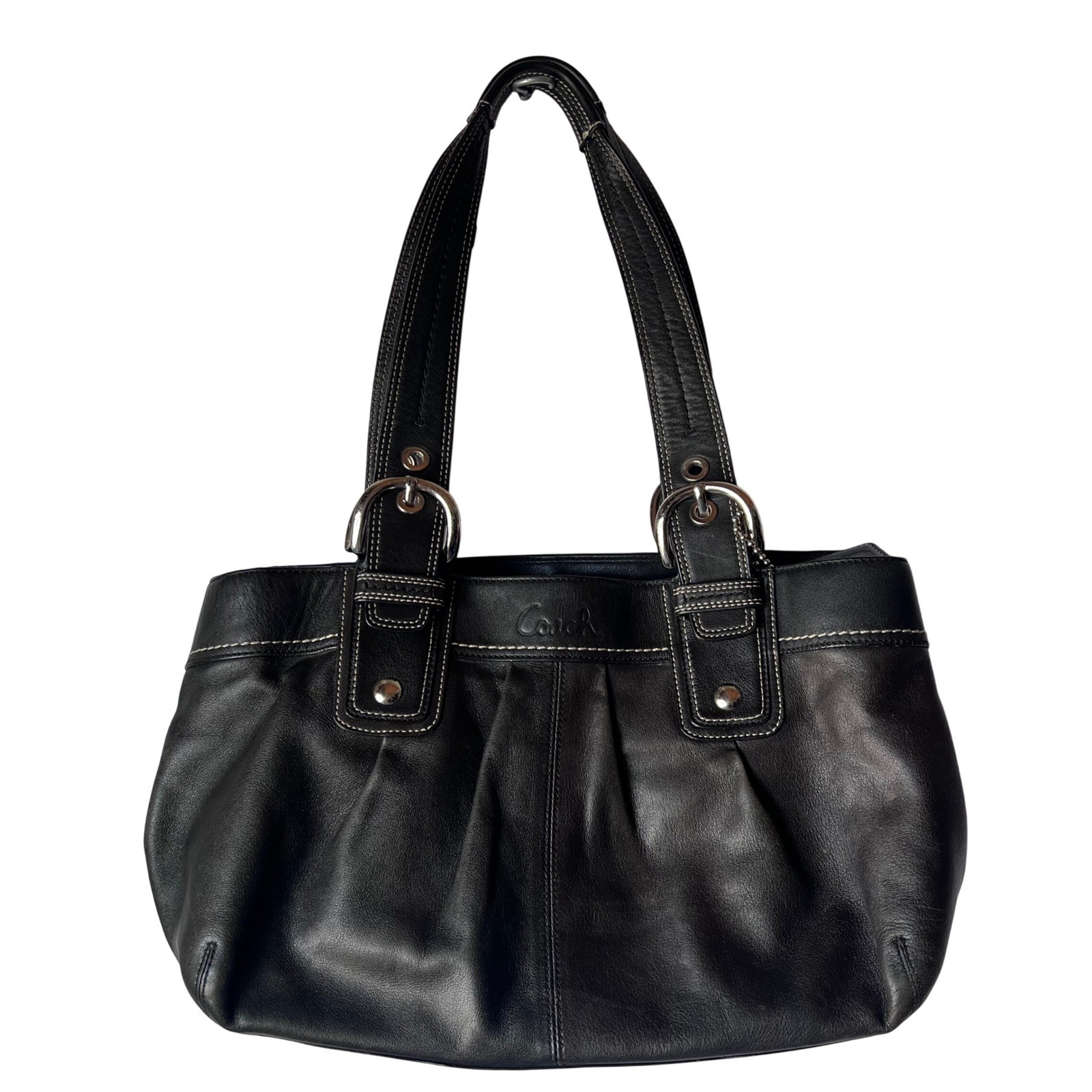 Coach Soho Black Leather Pleated Shoulder Bag Satchel White Stitching 10191