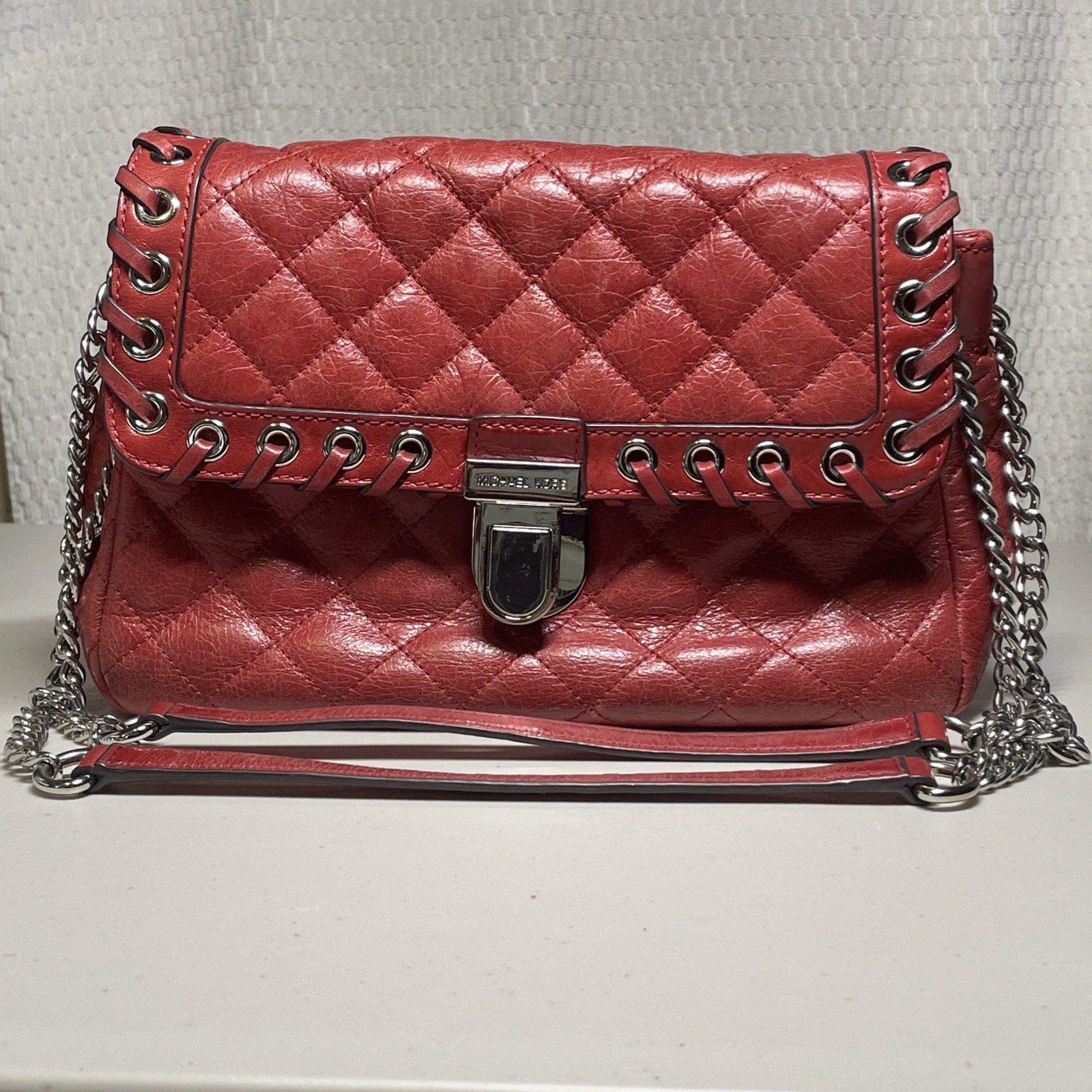 Michael Kors Hippie Grommet Sloan Quilted Shoulder Bag – Medium – Red