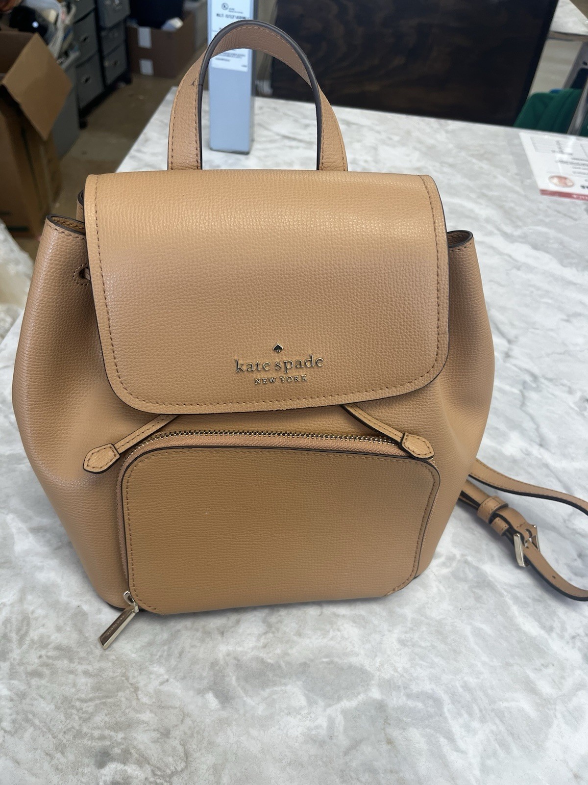 kate spade new york Beige Pebbled Mini Backpack Drawstring Gold Hardware