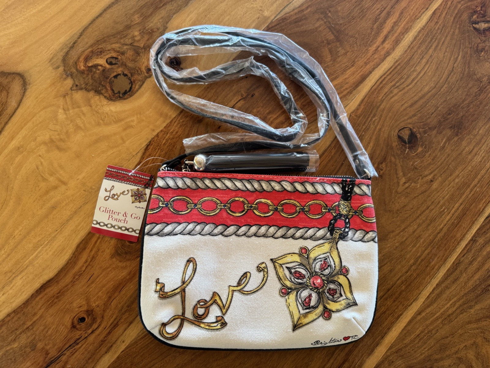 Brighton Love Glitter & Go Crossbody Bag NWT -White Red Gold Canvas with Tassel
