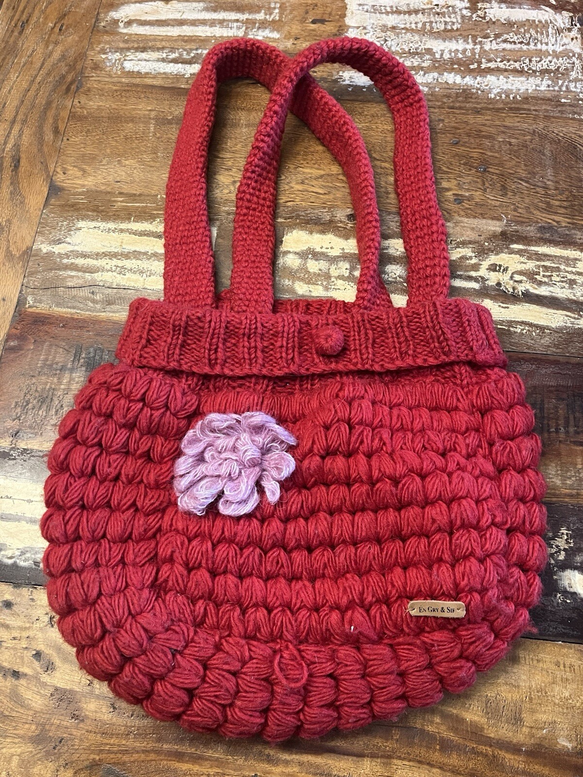 En Gry Sif Red Knit Handmade Purse Shoulder Straps Flower