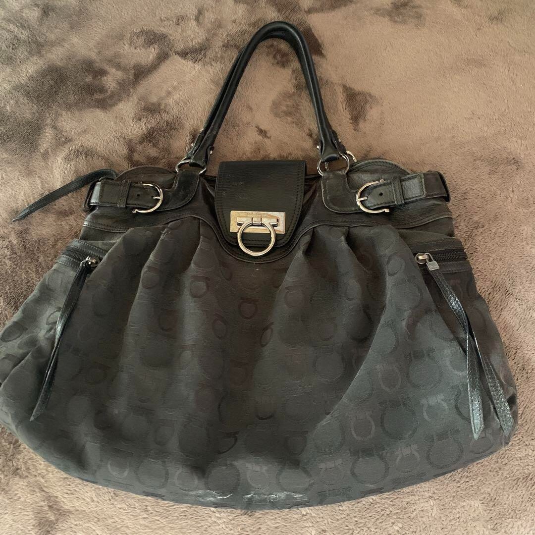 Salvatore Ferragamo Handbag Black Gancini pattern Slver hardware Leather Auth