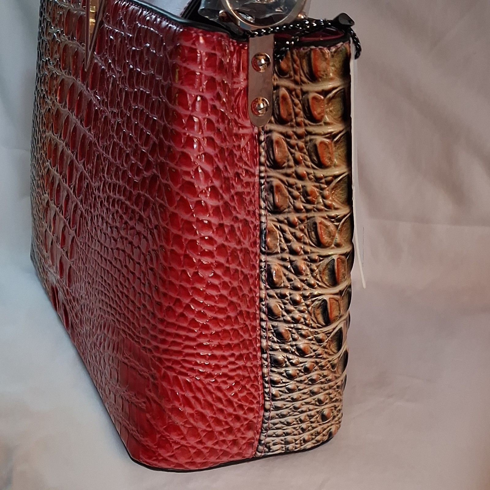 2 Pc Set Women’s Croc Embossed Colorblock Satchel Top Handle Detach Strap Wallet