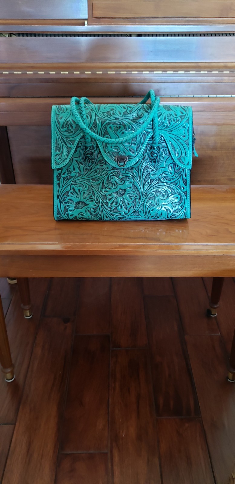 American Darling hand-tooled Turquoise Floral Leather Tote with Braided Handles
