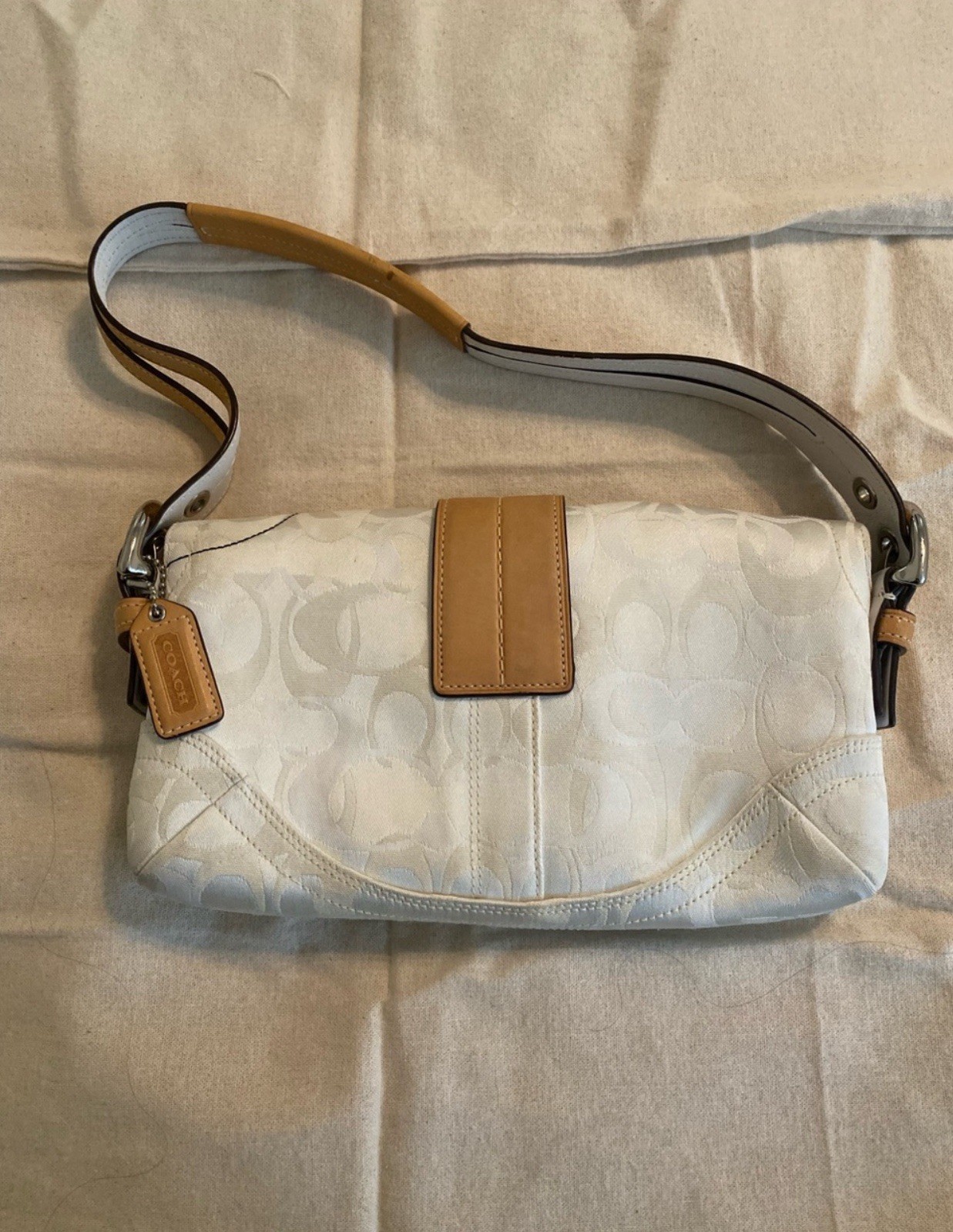 Coach White Signature Canvas Shoulder Bag with Tan Leather Trim and Bee Accent