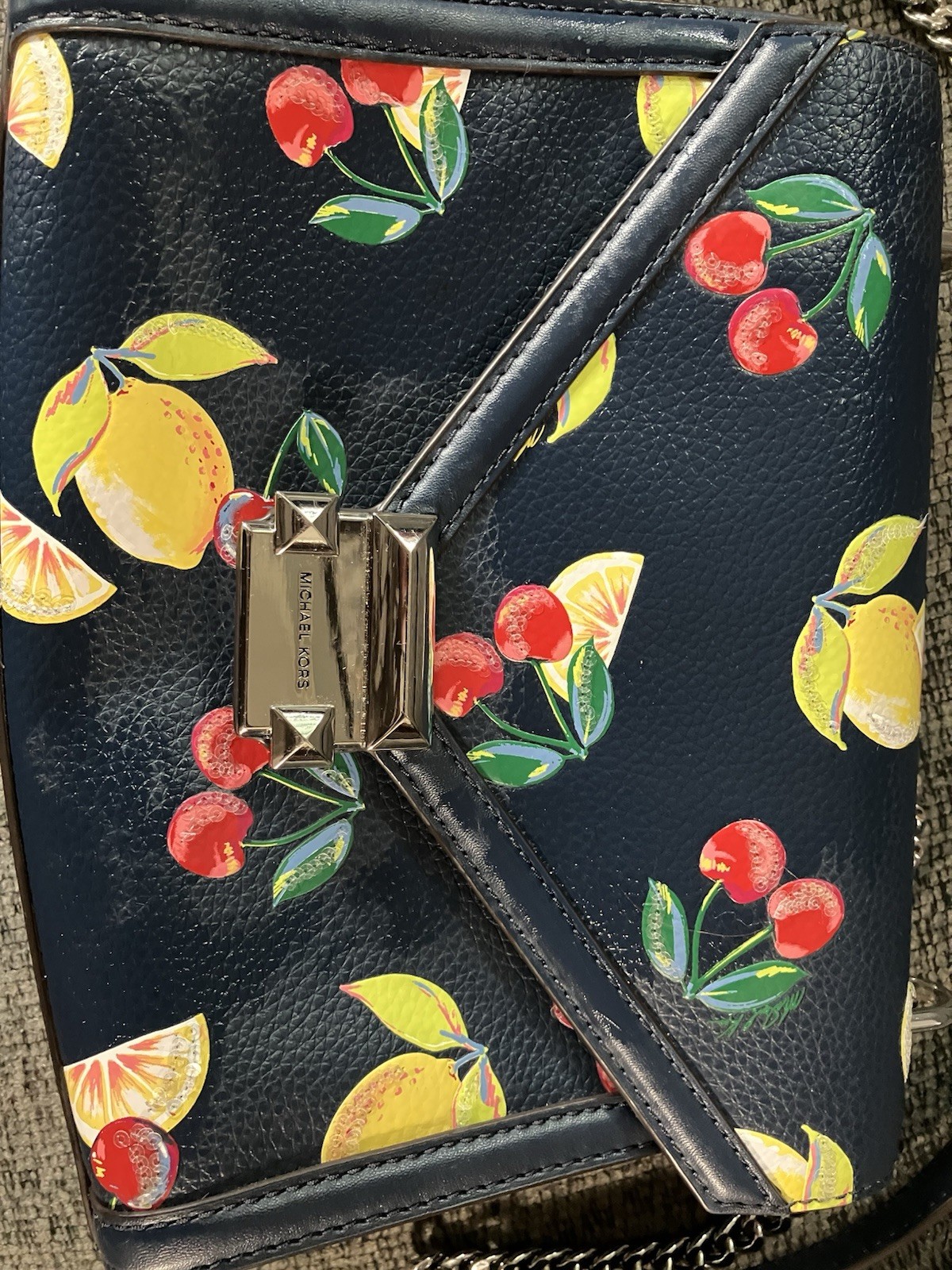 Michael Kors Whitney Medium Flap Shoulder Bag Fruit Print Navy Multi