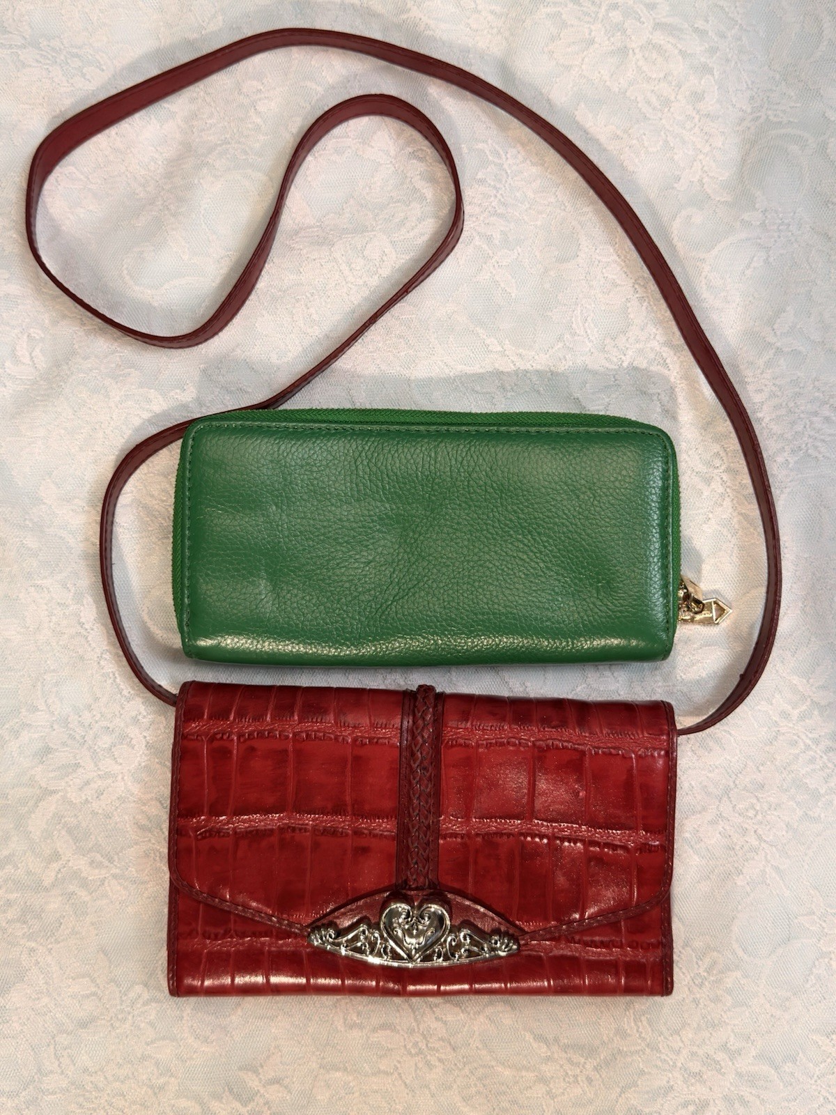 Lot Of 2 Women’s Green Neiman Marcus/Red Leather Handbag Crossbody Purse Pair