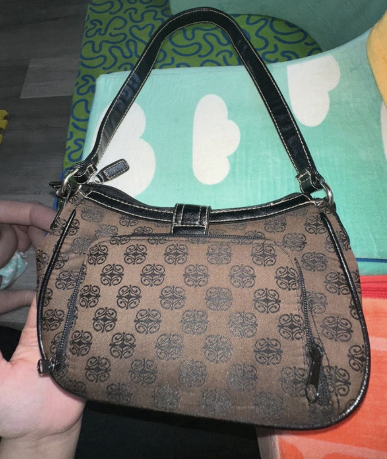 Brown & Black Logo Shoulder Bag, Zip/Magnetic Snap, Lined, Inner Pockets
