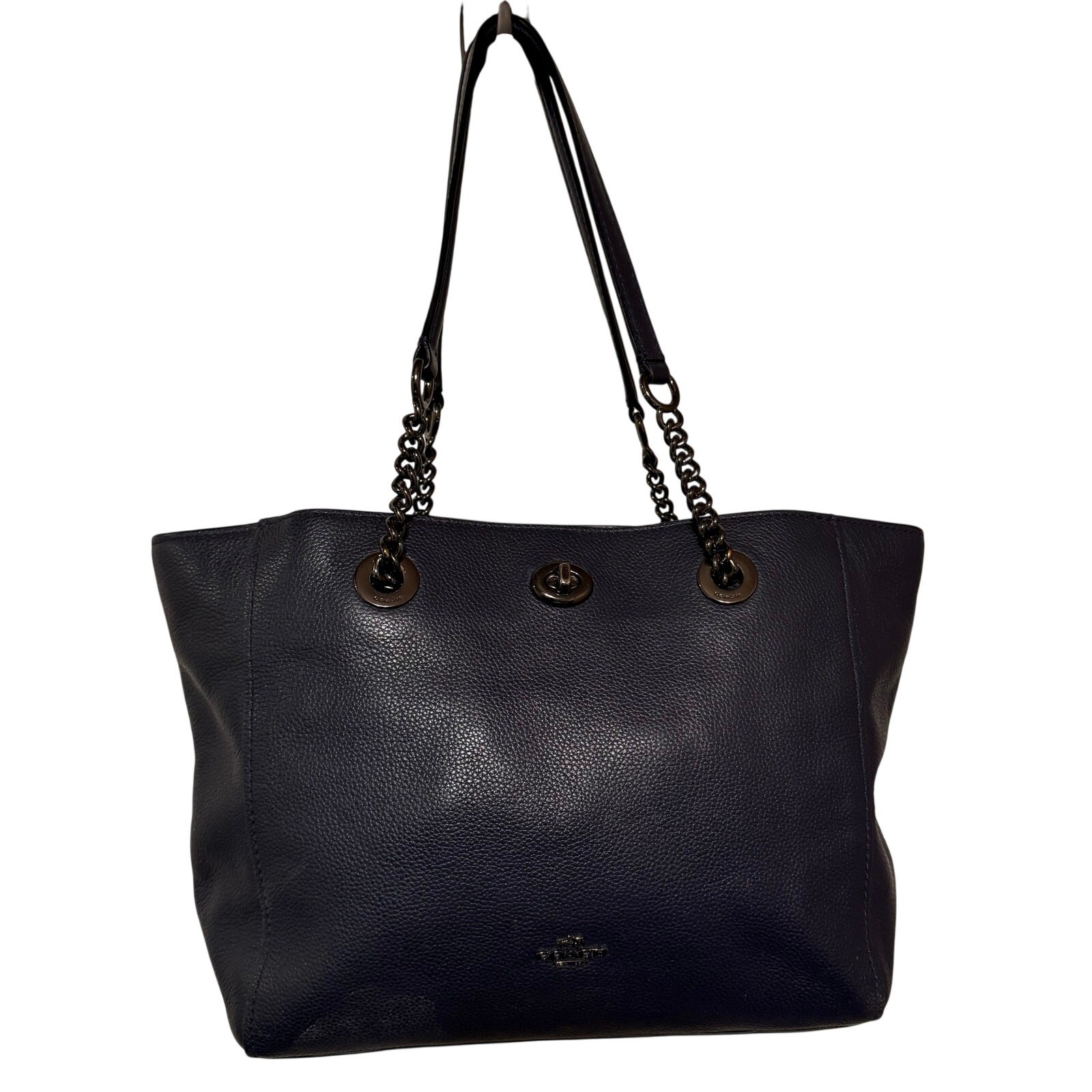 Coach J1657 57107 Navy Blue Turnlock Chain Leather Tote Shoulder Bag EUC
