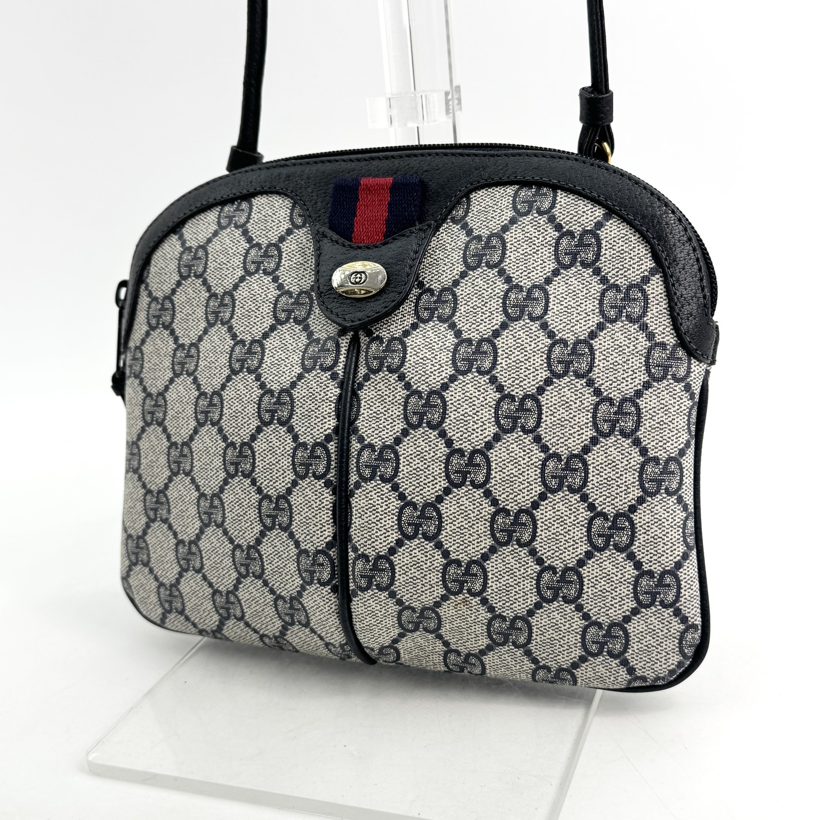 GUCCI Vintage GG Supreme Web Stripe Crossbody Shoulder Bag Navy