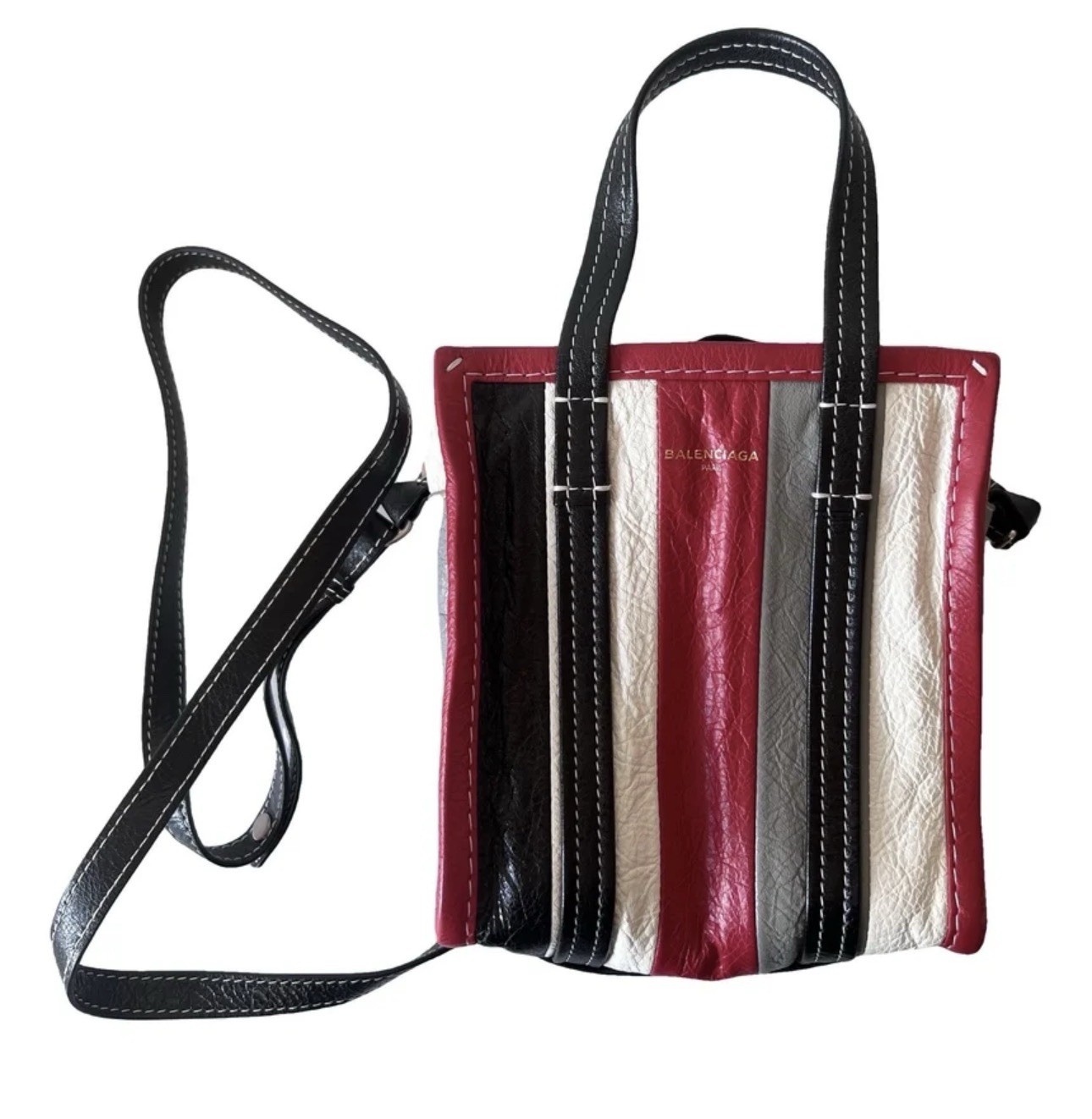 Balenciaga Bazar Mini Striped Multicolor Crossbody Zip Tote Detachable Strap