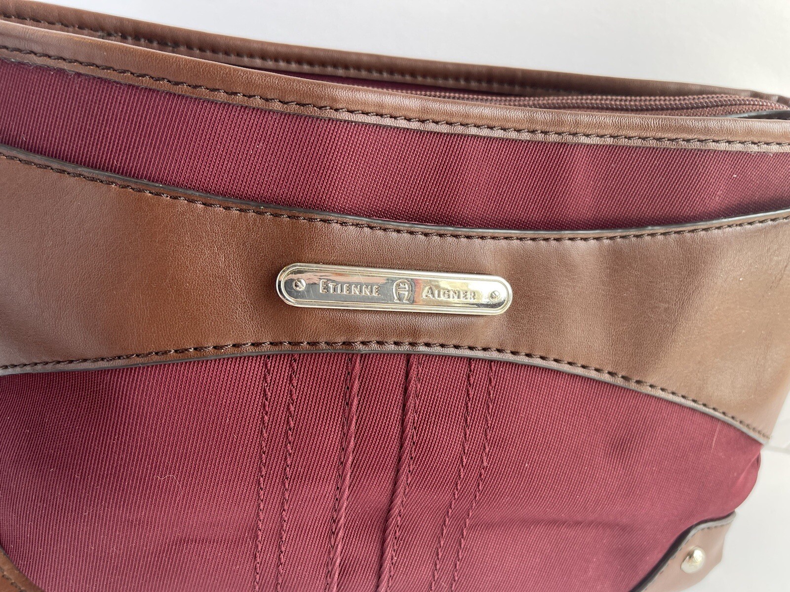 Etienne Aigner Handbag Shoulder Purse Fabric Maroon Wine Red Brown Trim