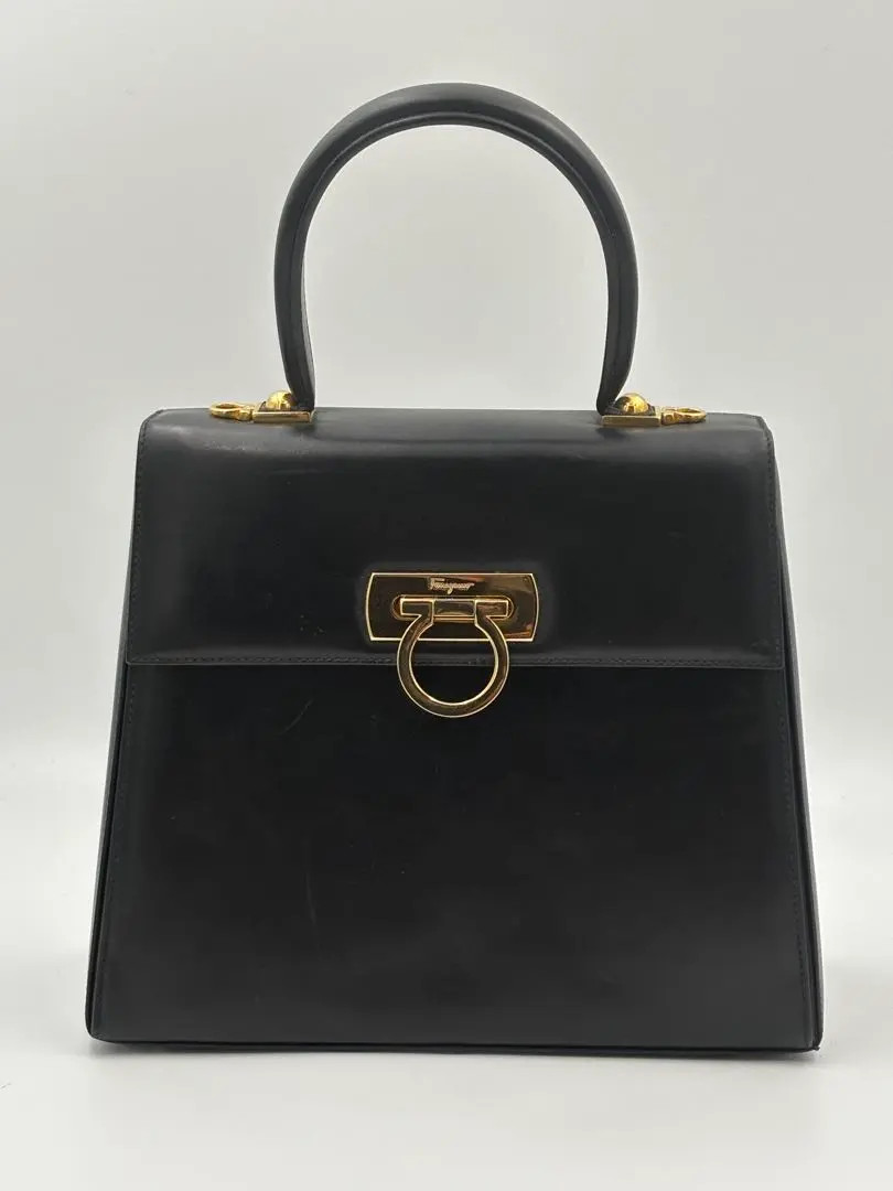 Salvatore Ferragamo Gancini Black Leather Top Handle Bag Gold Hardware Auth JP