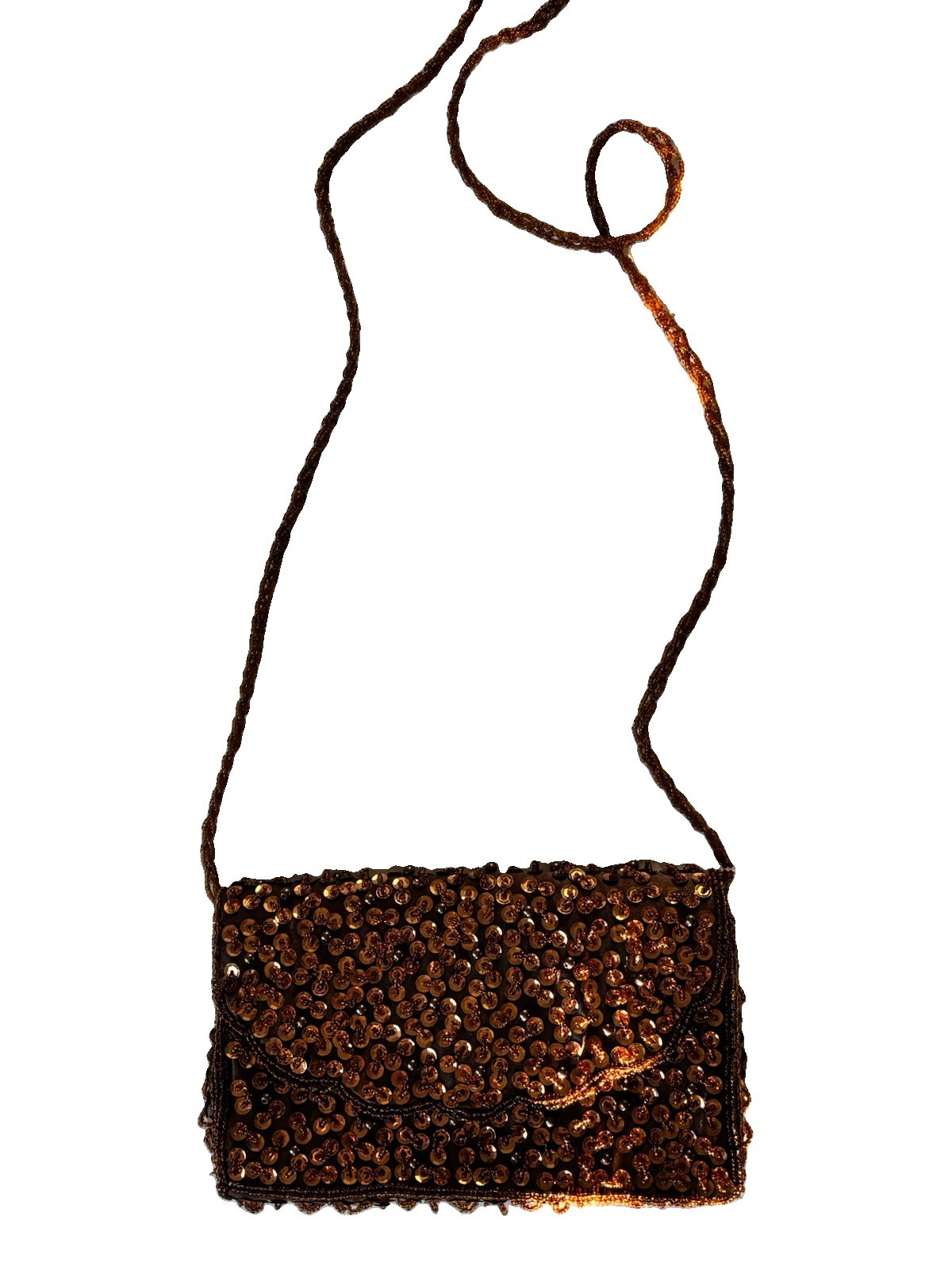 Brown & Gold Beaded Sequin Rectangle Shoulder Bag Magnetic Closure Lined Pockets