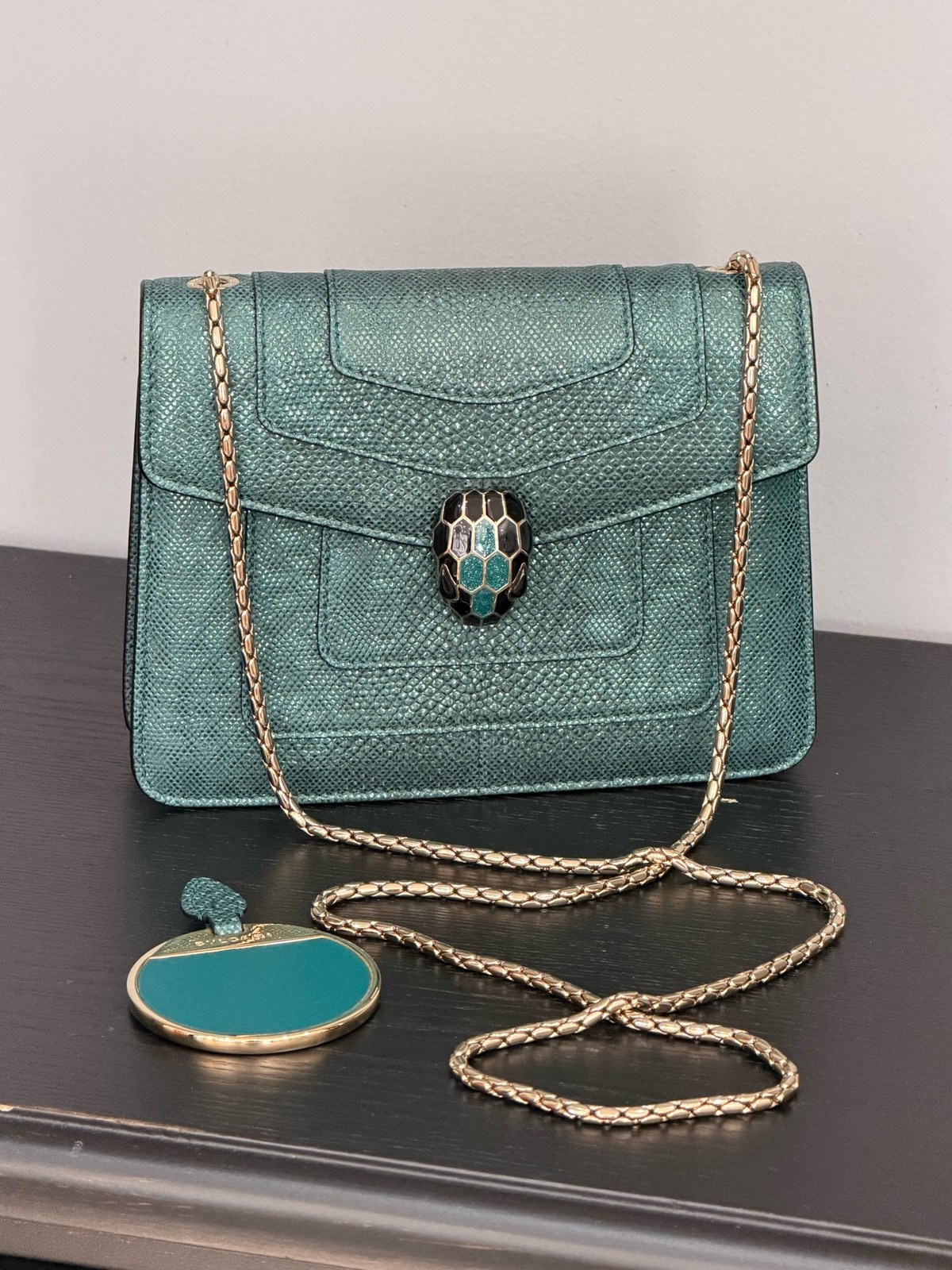 AUTH Bvlgari Serpenti Forever Emerald Green Karung Small Crossbody Bag