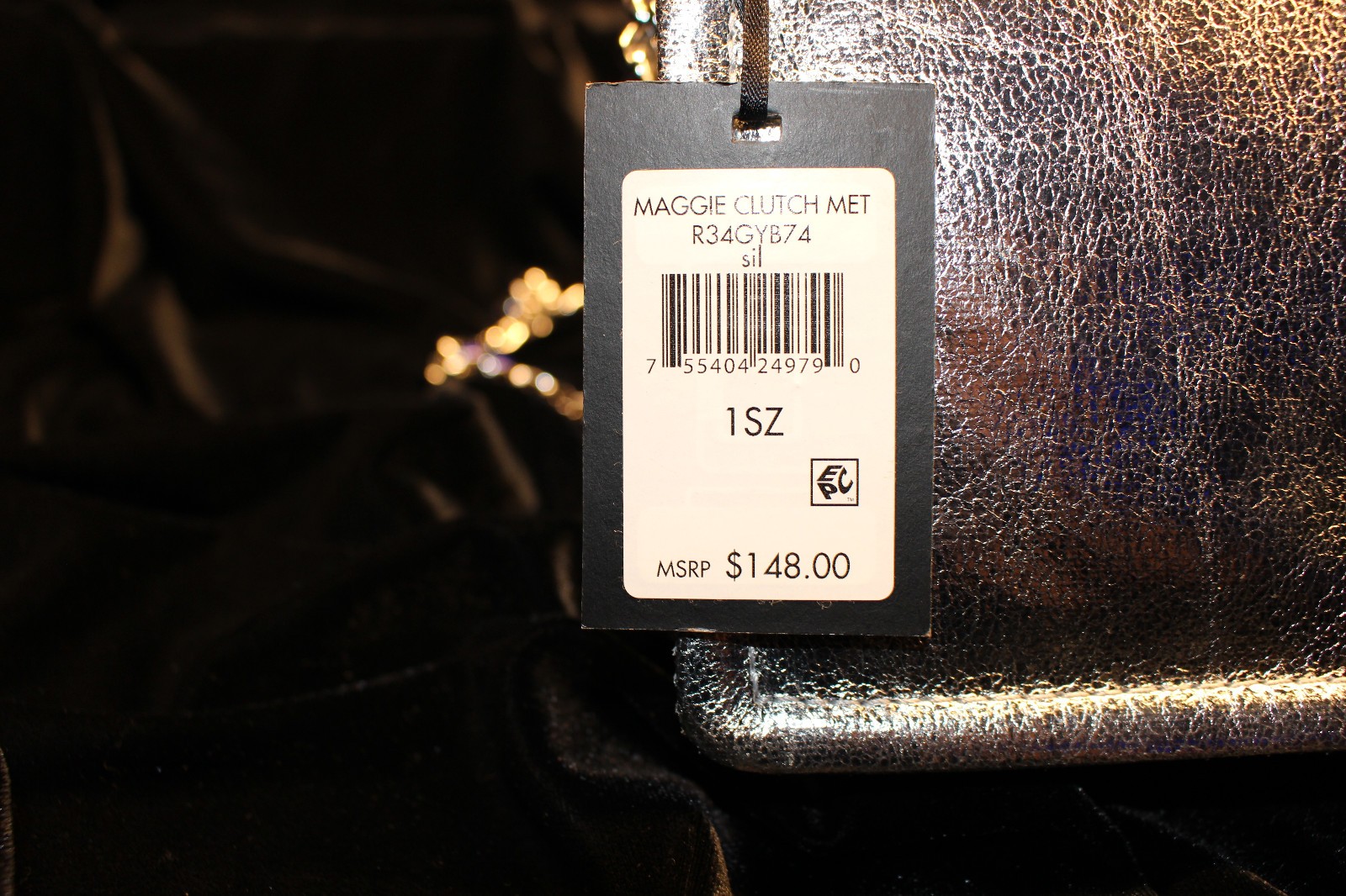 DKNY Silver Metallic Clutch Hand Bag with crossbody strap snap closure