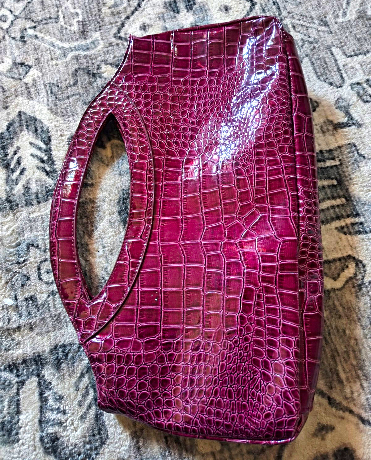 Burgundy Crocodile Embossed Clutch Top Handle Magnetic Closure Gold Hardware