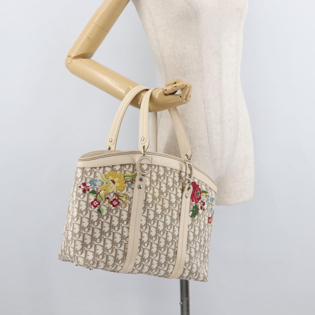 Christian Dior Trotter Canvas Tote Bag Beige Silver Auth 179002A
