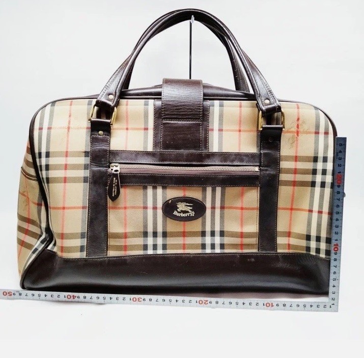 Vintage Burberry Beige Boston Large Travel Bag Haymarket Check Canvas