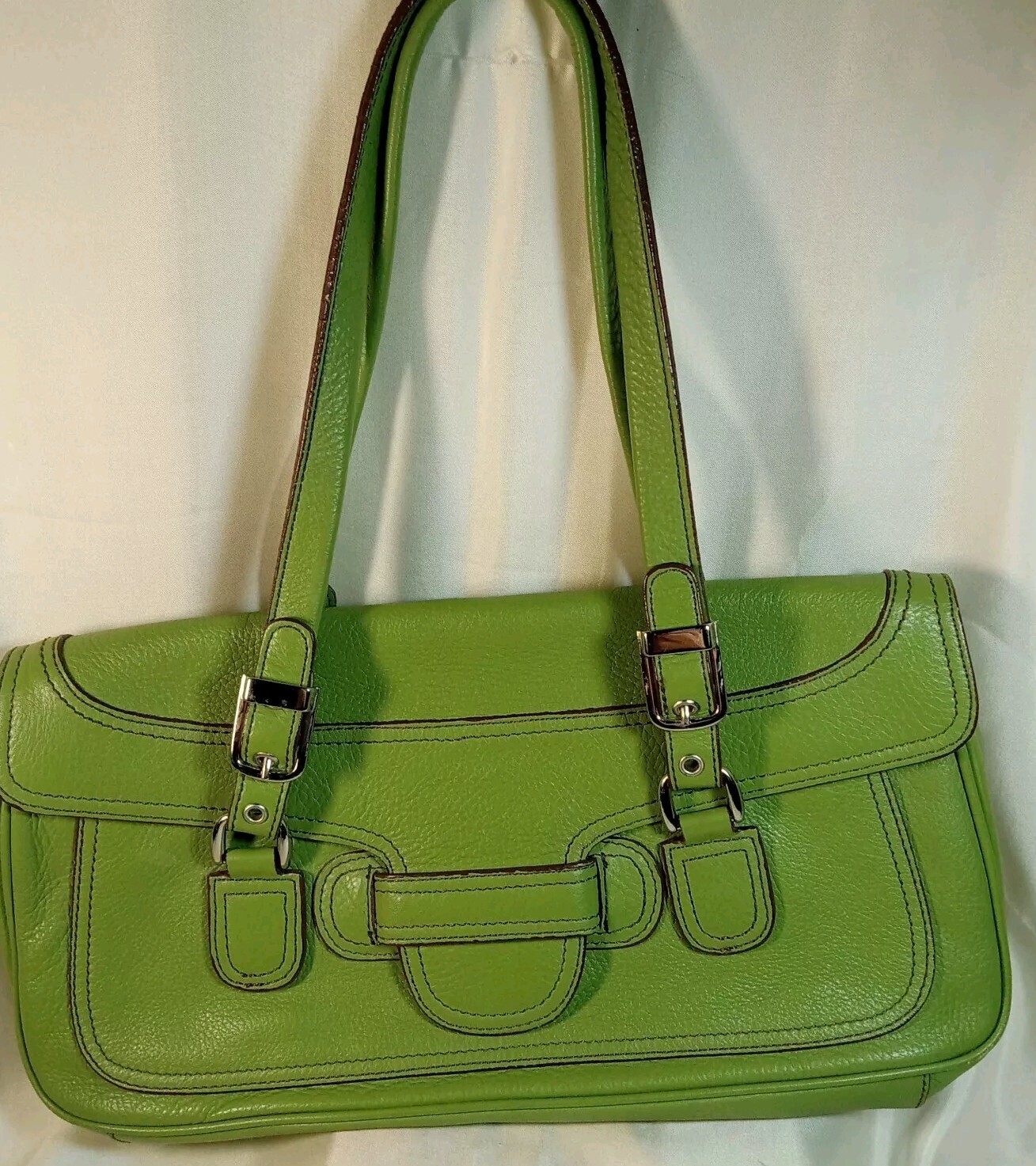 MAXXIMUM MOSS GREEN Leather 2 HANDLE Shoulder Bag 14.5″ X 7.5″ EUC