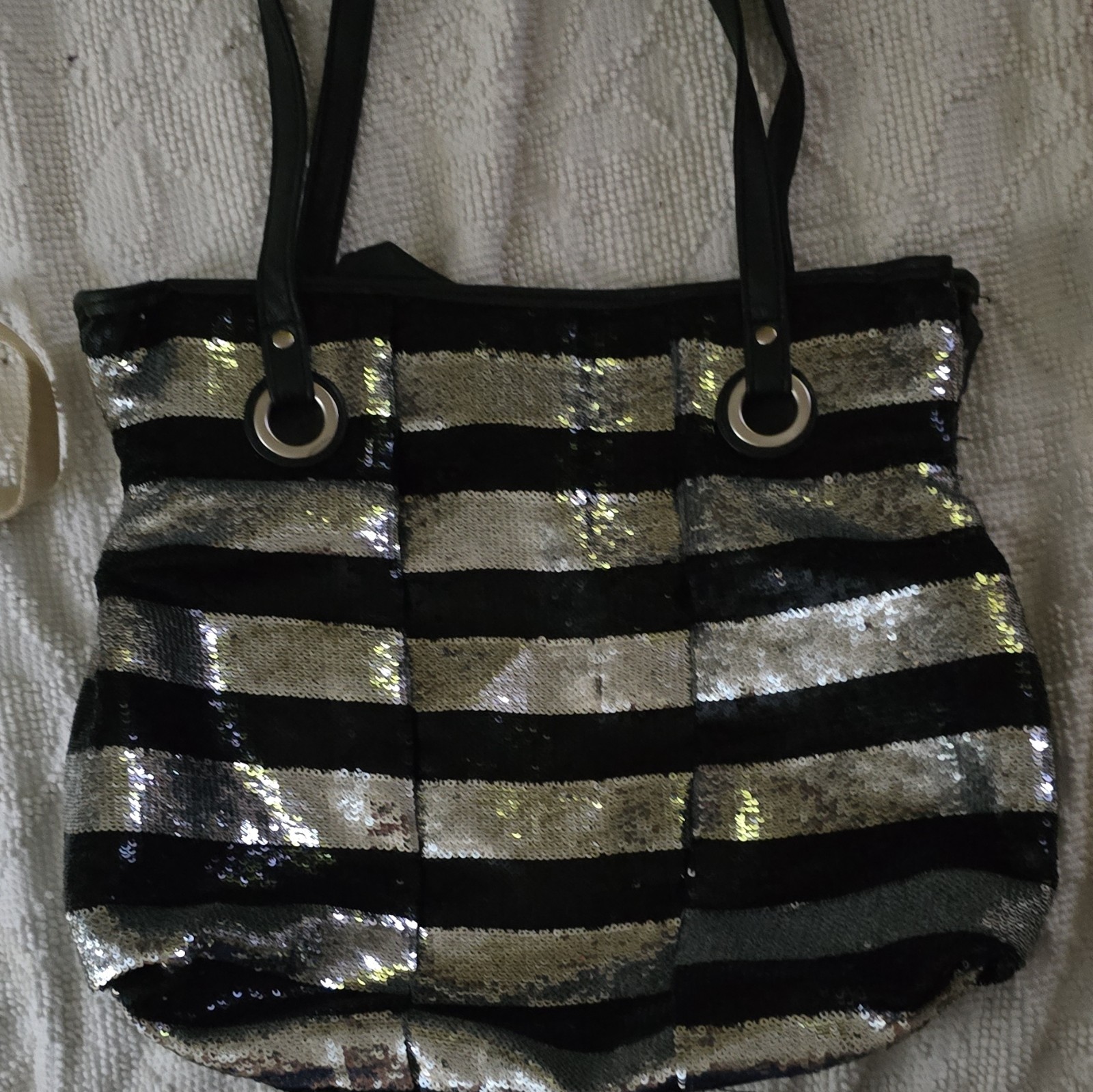Candie’s Black & Silver Striped Sequin Tote Bag Zip Closure Lined Double Handles