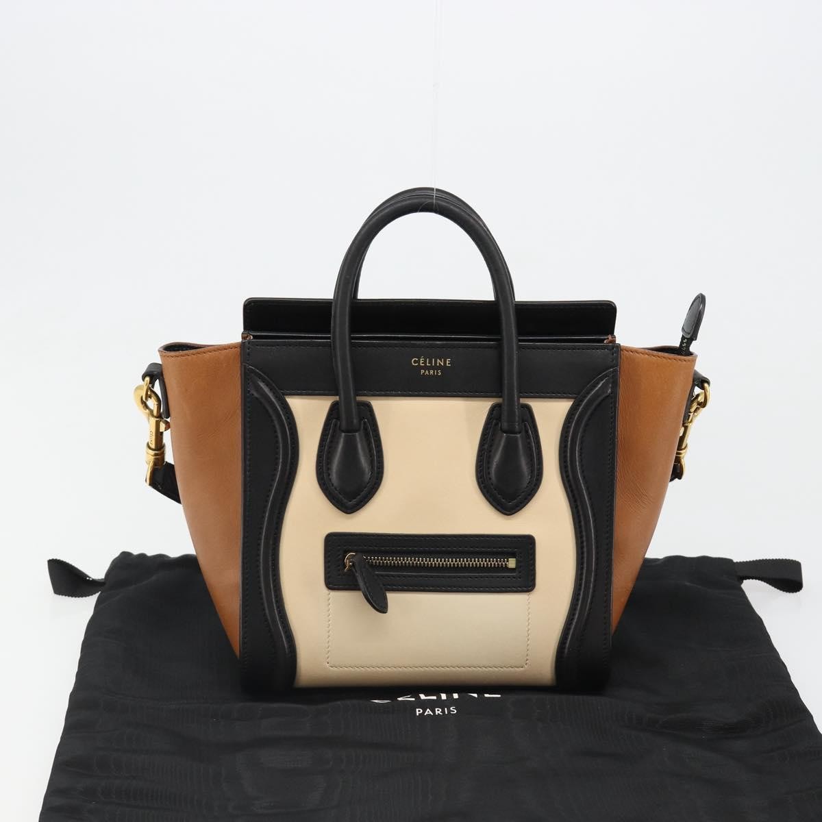 CELINE Luggage Nano Micro Mini Hand Bag Leather 2way Beige Gold Auth ka4812V