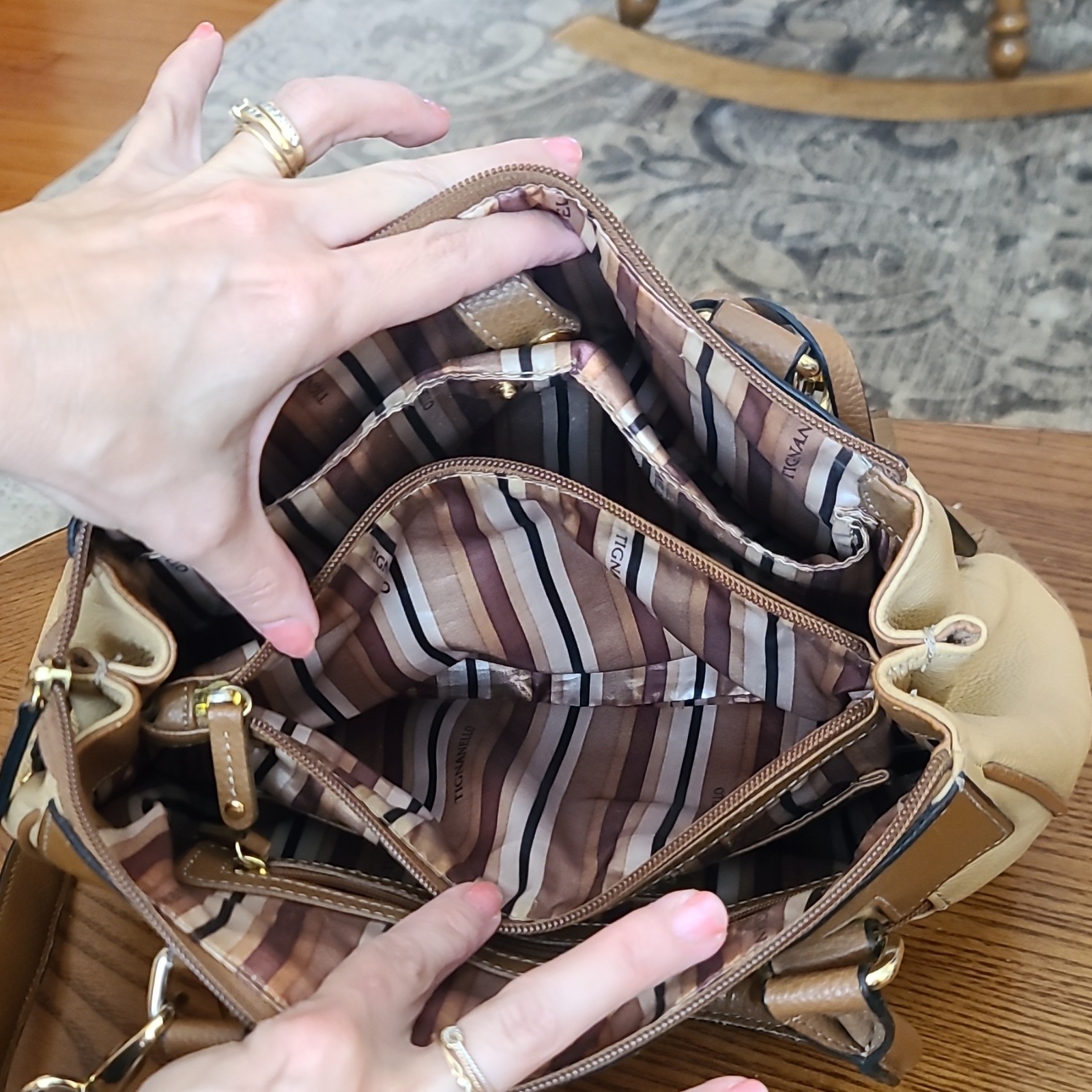 Tignanello Two-Tone Brown/Beige Pebbled Satchel Zip Detachable Strap