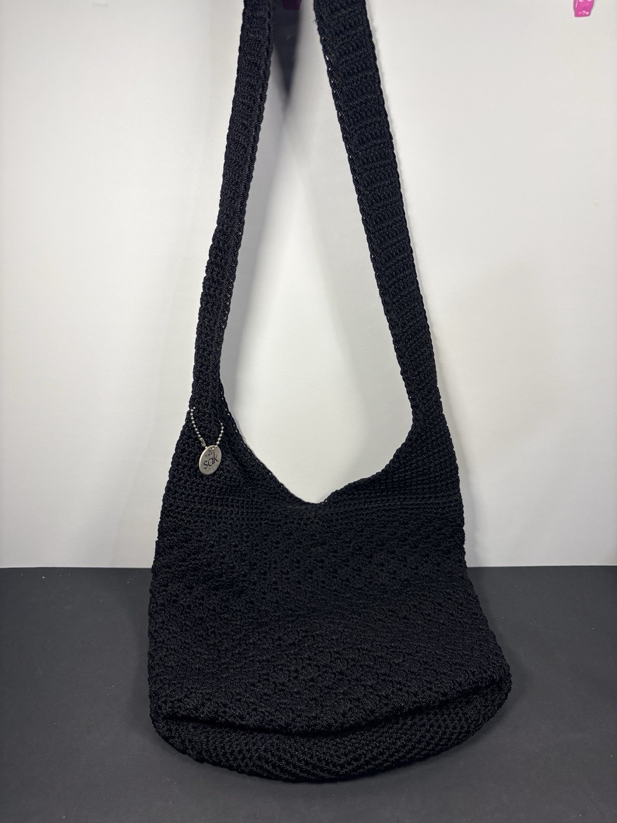 The SAK 120 HOBO BAG VTG Black Hand Crochet Boho Shoulder Purse-EUC