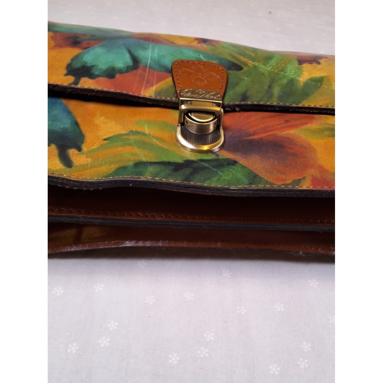 Floral Multicolor Leather Crossbody Or Clutch with Gold Tone Hardware