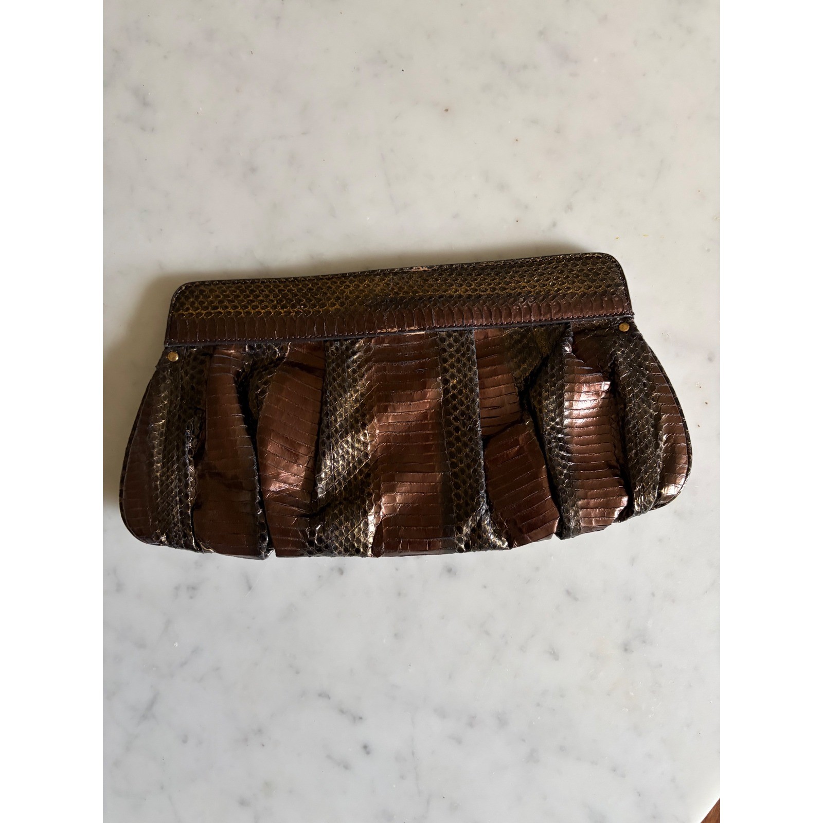 Beverly Feldman Vintage Bronze Snakeskin Pleated Clutch Bag Genuine Leather