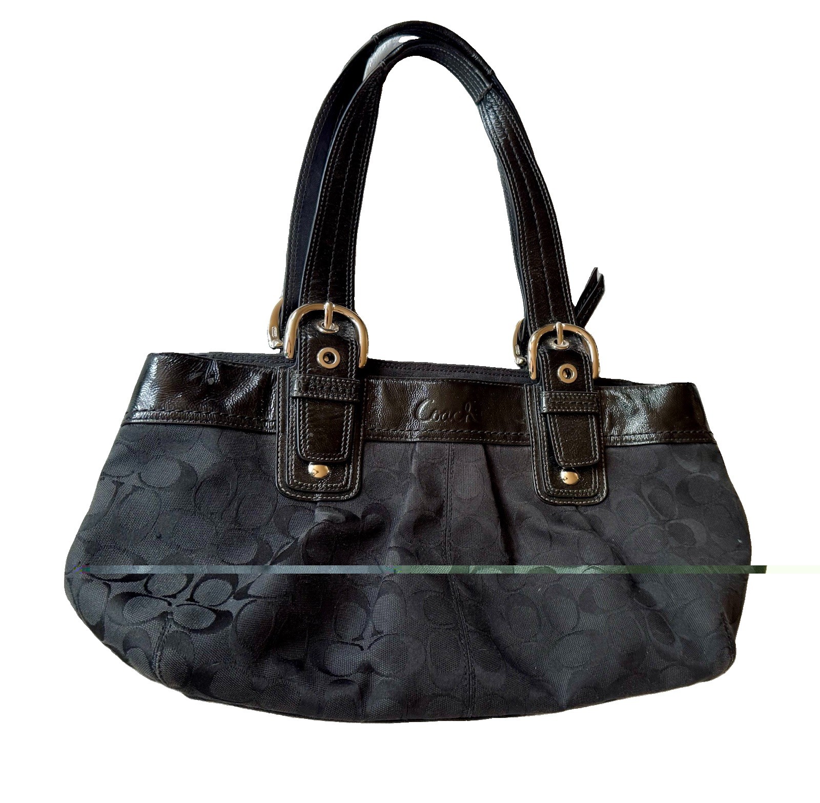 Coach F13742 Black Signature Jacquard Patent Leather Tote Shoulder Bag Purse