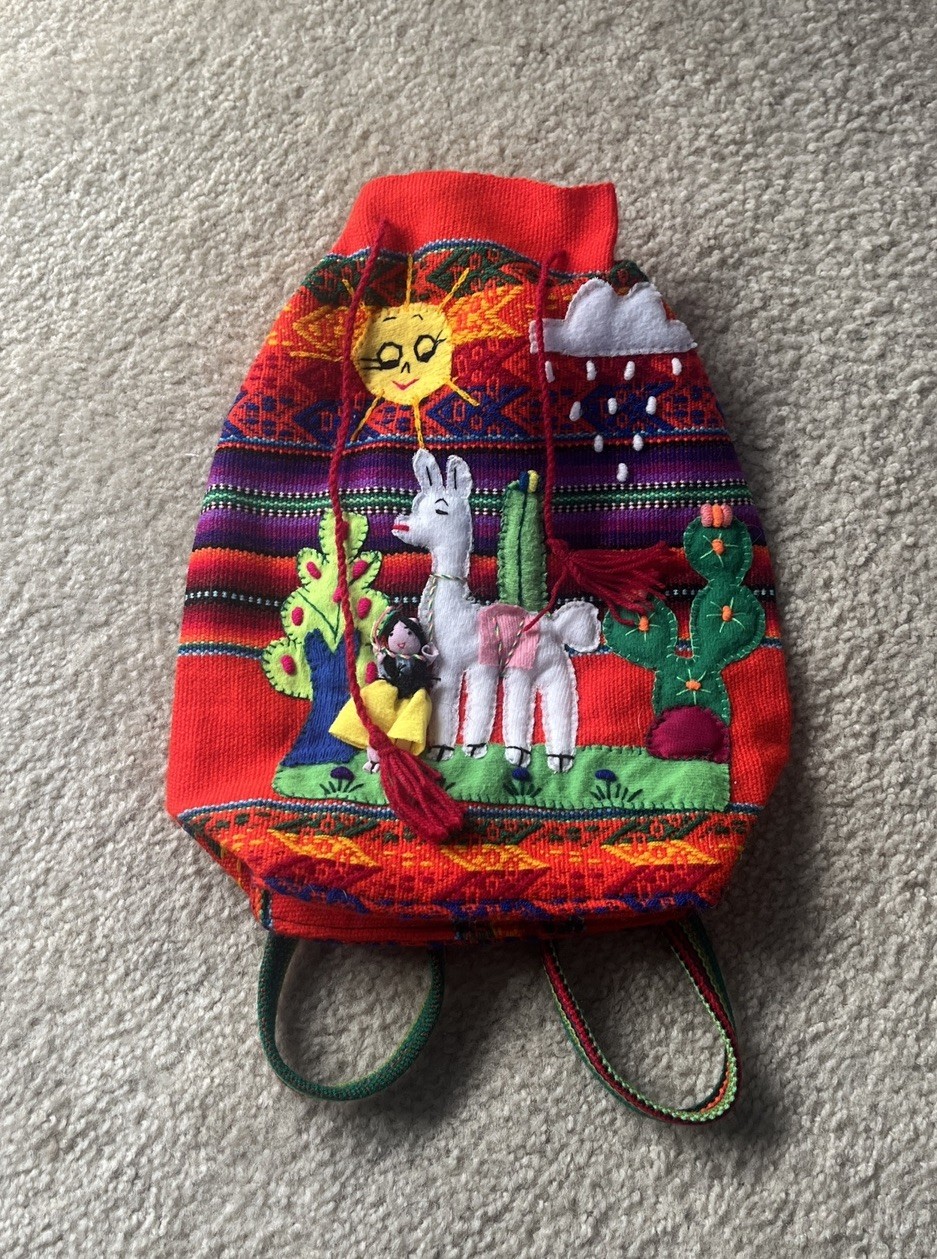 Handmade Inca Peruvian Knit Drawstring Small Backpack Llama & Girl Design Boho