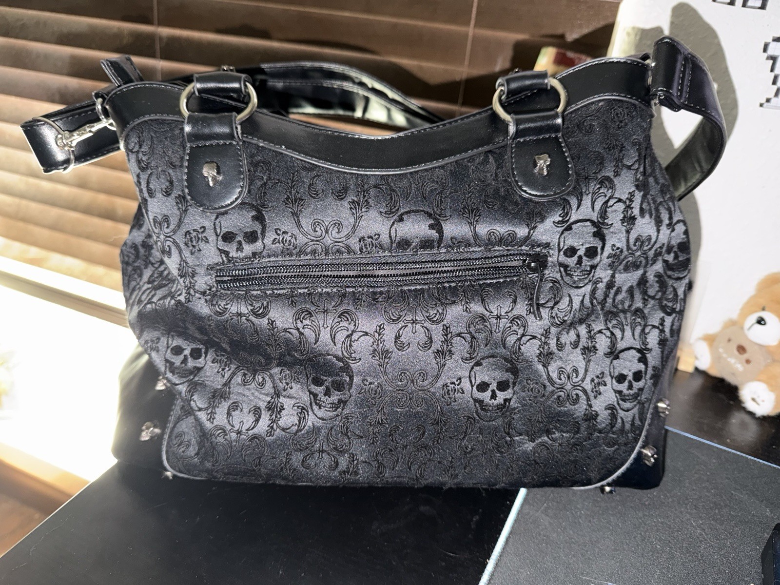 Lost Queen Black Goth Flocked Ribcage Skeleton Cameo Purse Shoulder Bag Large.