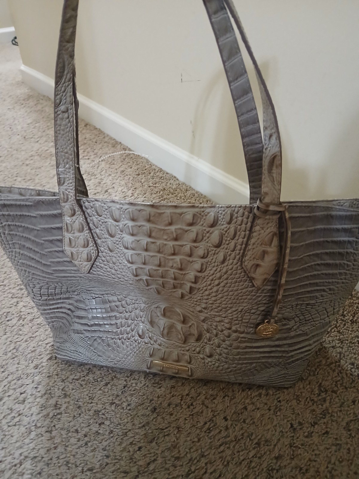 Gray Croc Embossed Tote Double Handles Gold Hardware Magnetic Lined Pockets