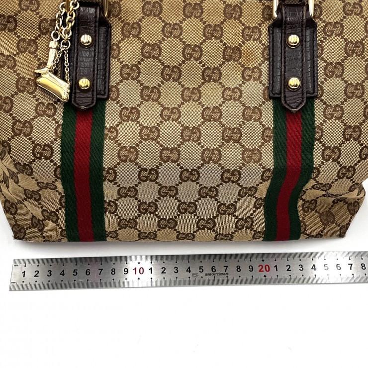 Gucci GG Canvas Web Stripe Tote Bag Beige Brown Charm