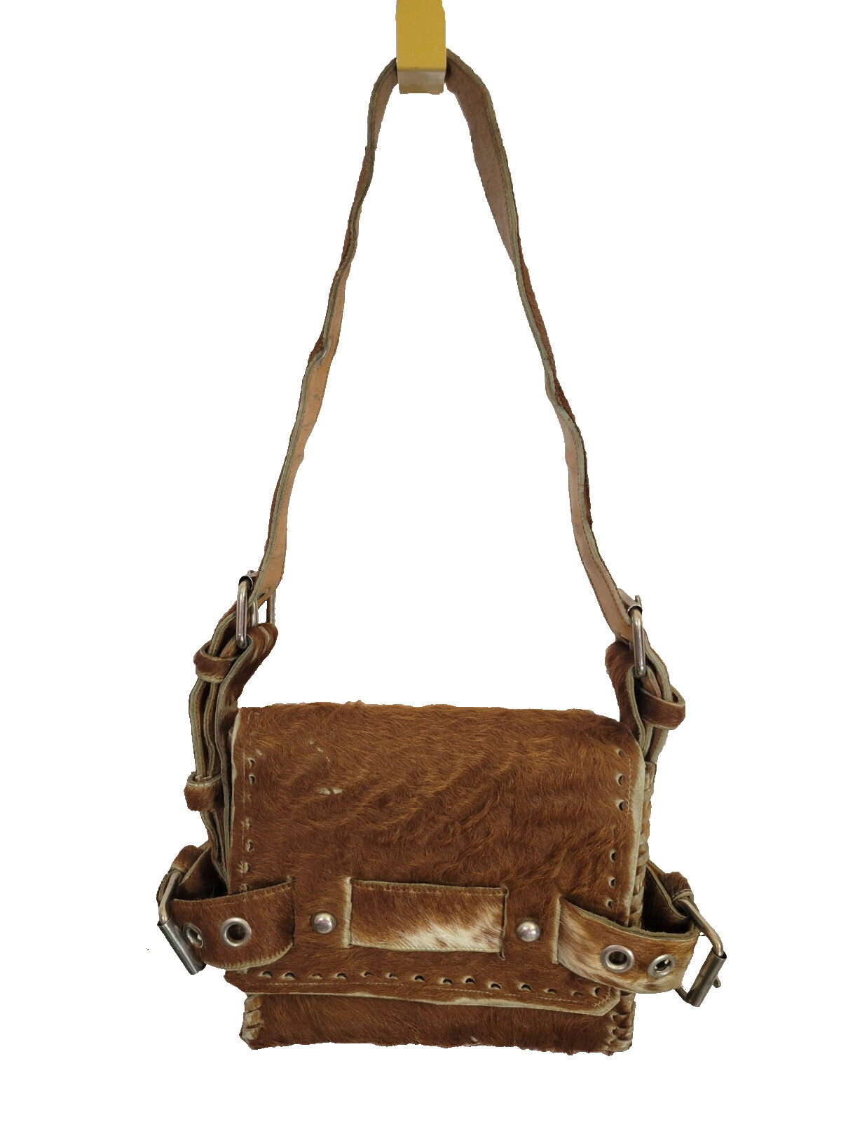 Crossbody Shoulder Bag Cowhide Fur Handmade western Brown Leather Buckle Strap