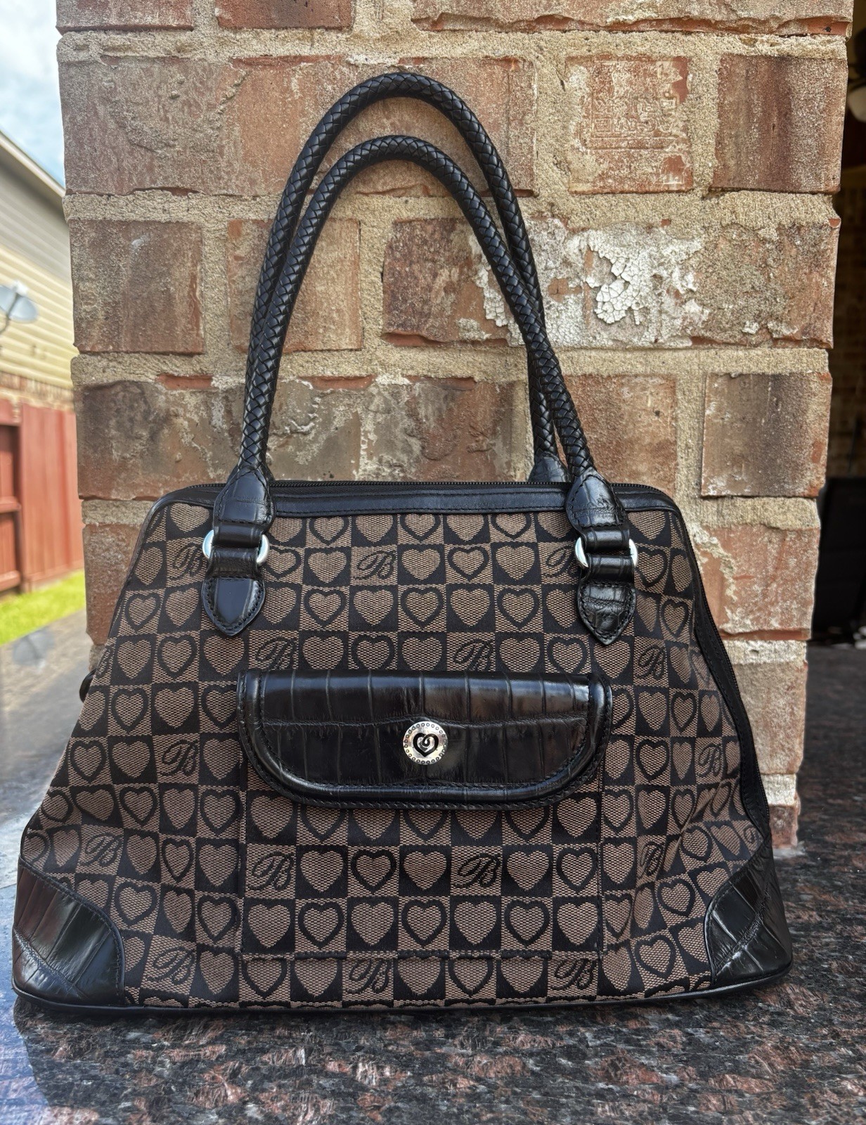 Preowned Brighton Black & Brown Jocelyn Heart Logo Bag Purse Braided Straps