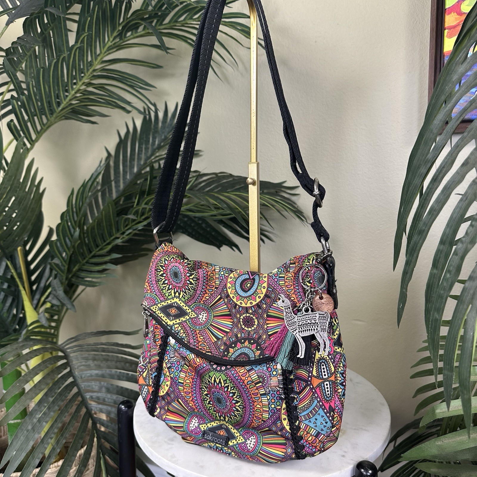 Sakroots Foldover crossbody Nylon Canvas boho hippie colorful Llama tassel charm